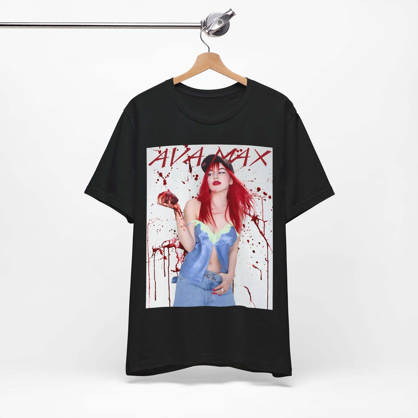 A black graphic t-shirt featuring a bold and vibrant pop art style graphic of Ava Max.
