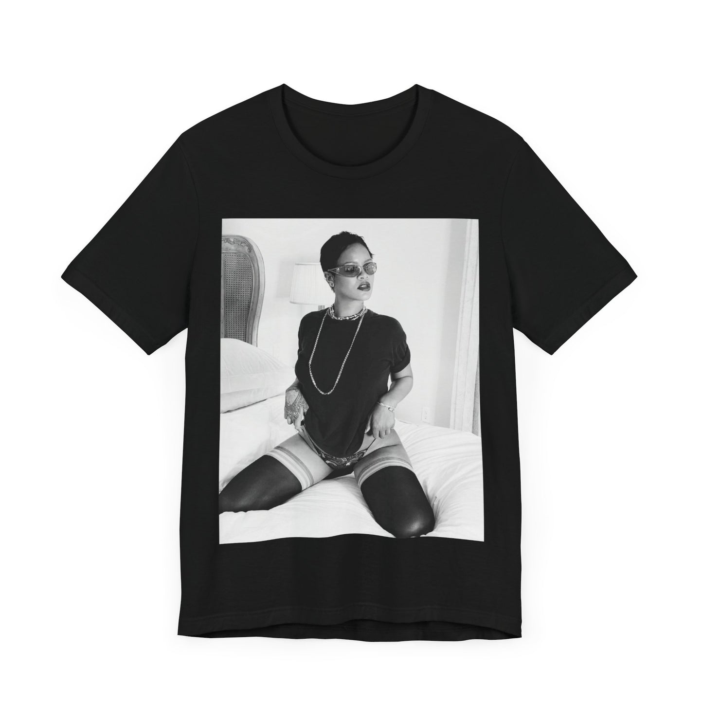 A black graphic t-shirt featuring a black and white graphic related to Rihanna's 'Diamonds' song or era.