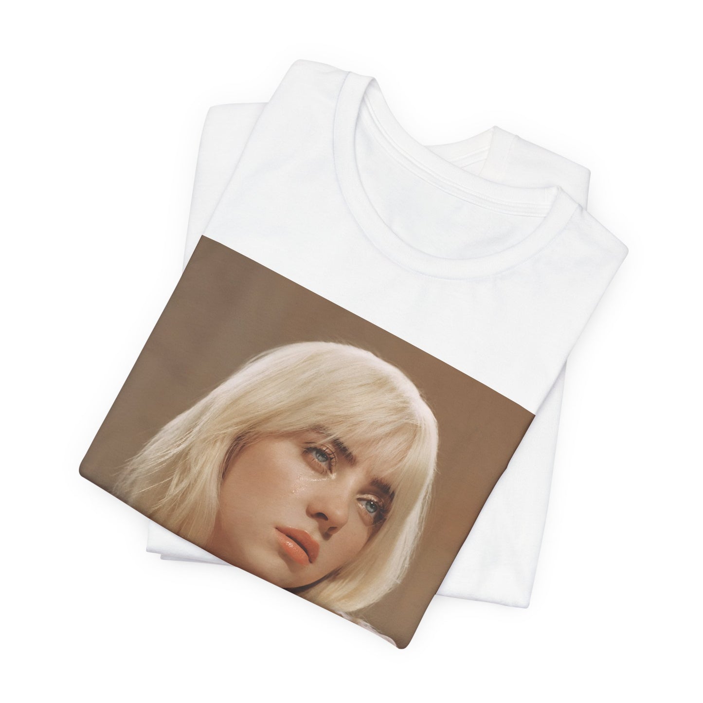 The iconic visual of Billie Eilish with black tears streaming down her face from the 'when the party's over' music video, printed on a t-shirt.
