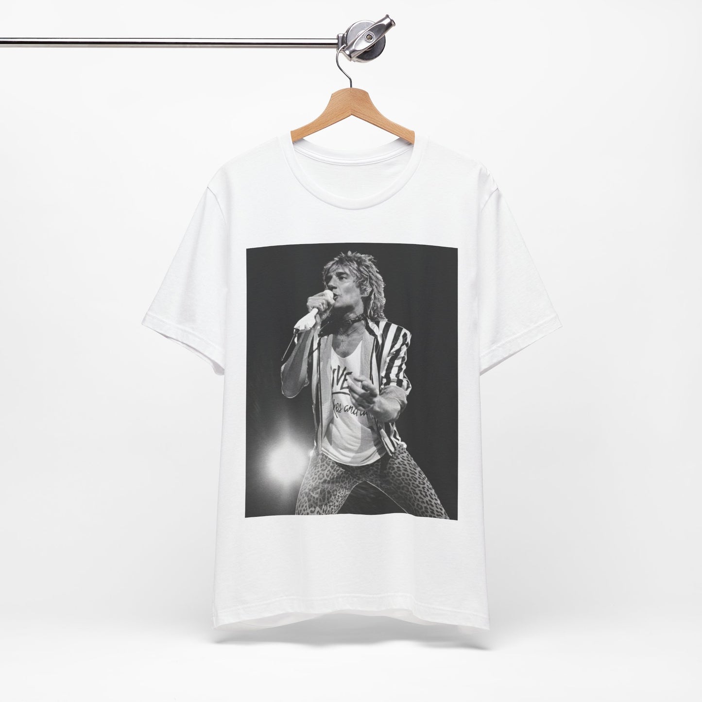 A black graphic t-shirt featuring a black and white portrait photo of Rod Stewart.