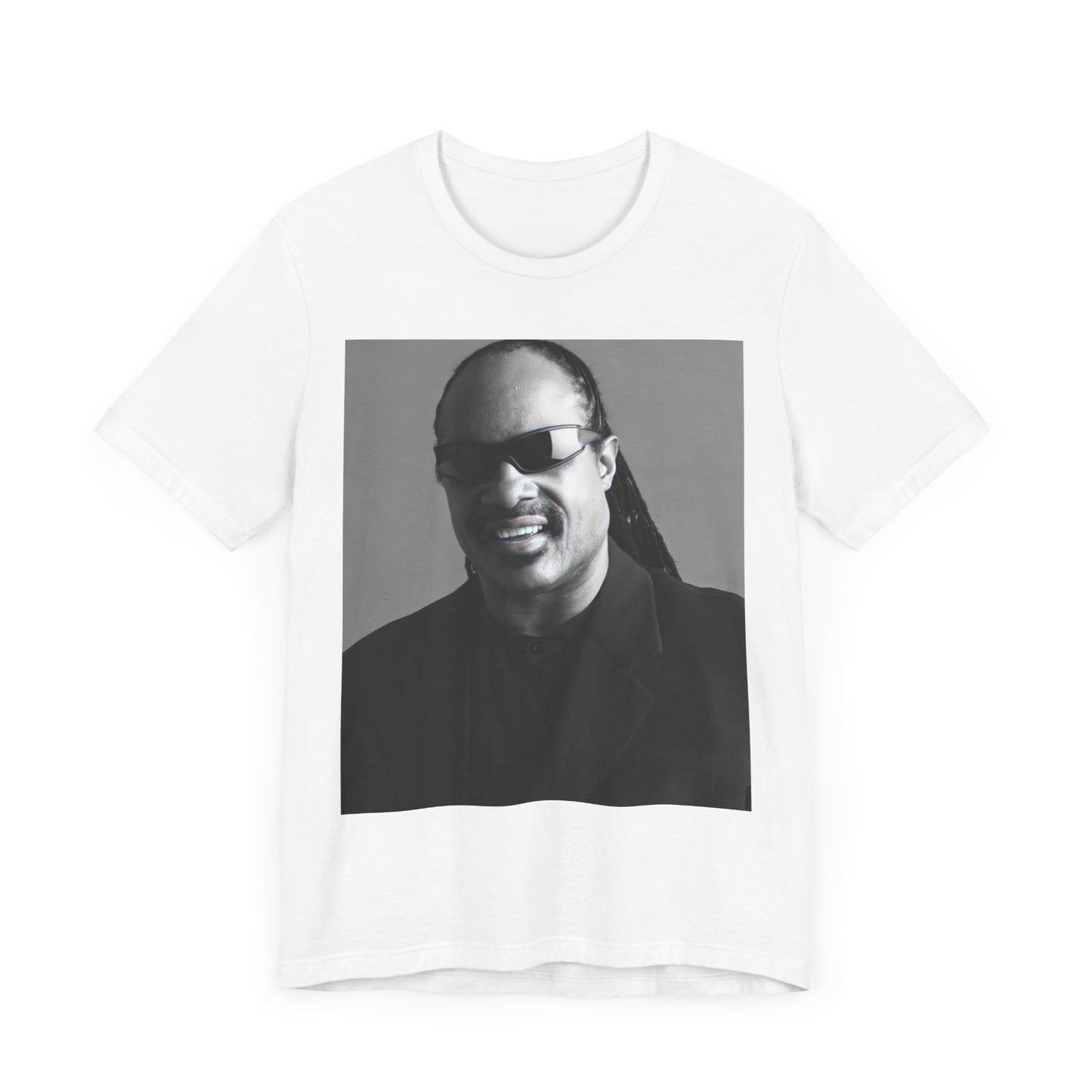 A black graphic t-shirt featuring a classic Motown legend black and white graphic of Stevie Wonder.
