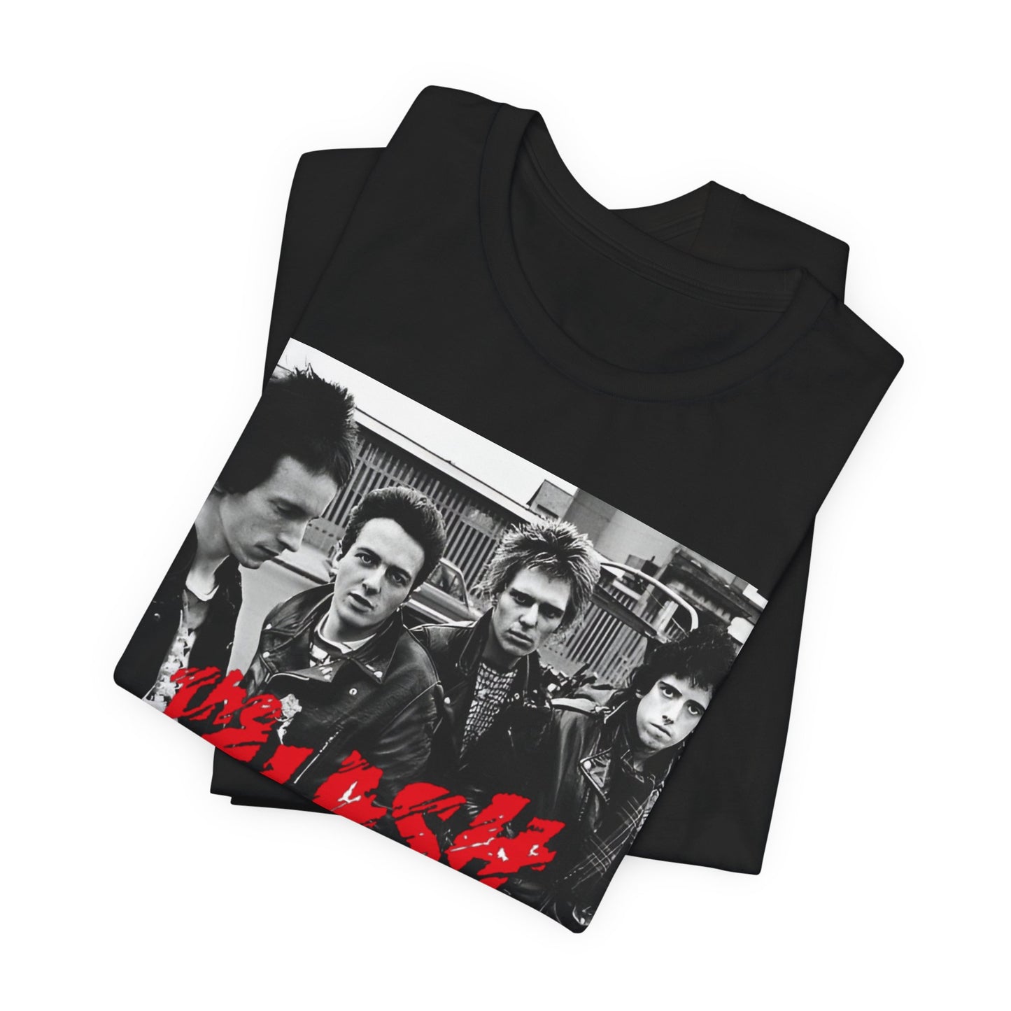 A black graphic t-shirt featuring a graphic of The Clash as punk rock pioneers.