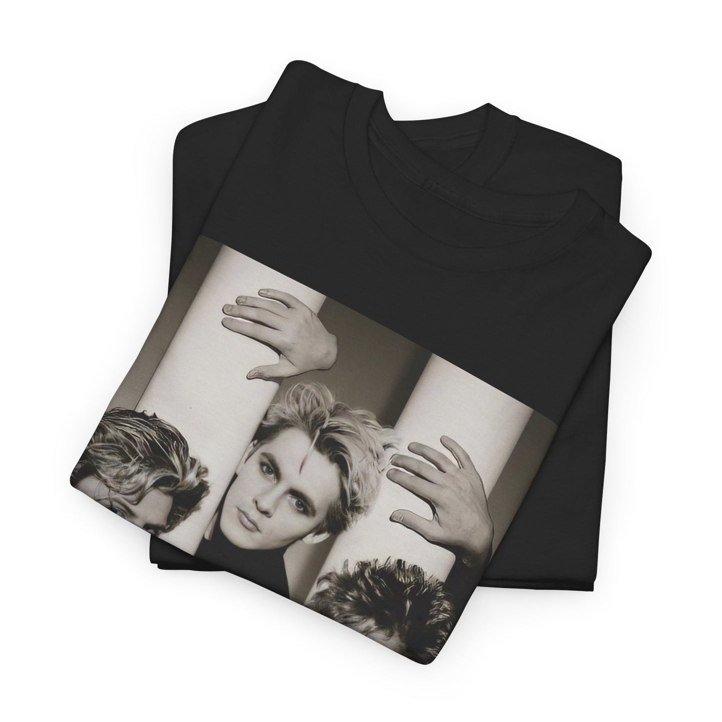 A black graphic t-shirt featuring a graphic related to Duran Duran's 'The Wild Boys' song or era.