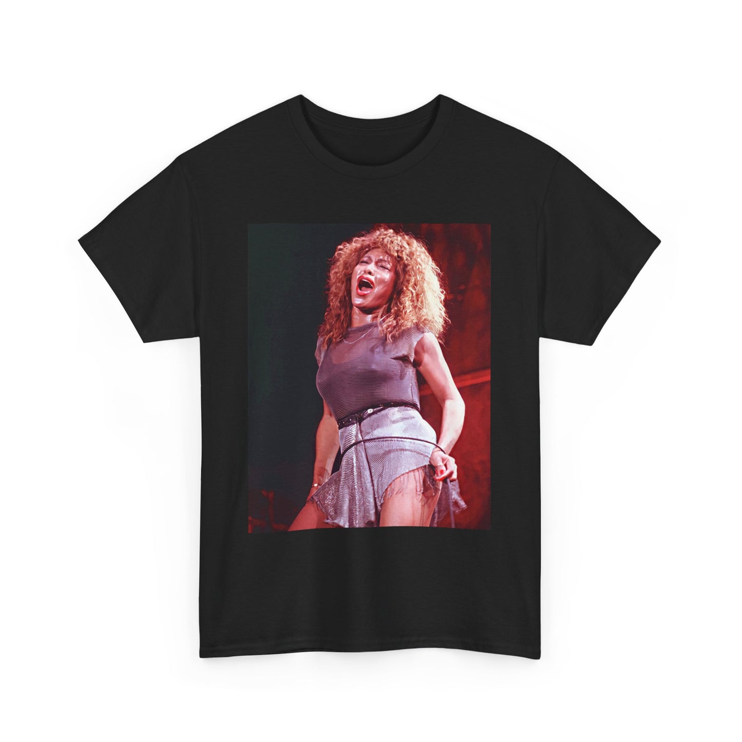 A black graphic t-shirt featuring a graphic of Tina Turner's iconic hair style.