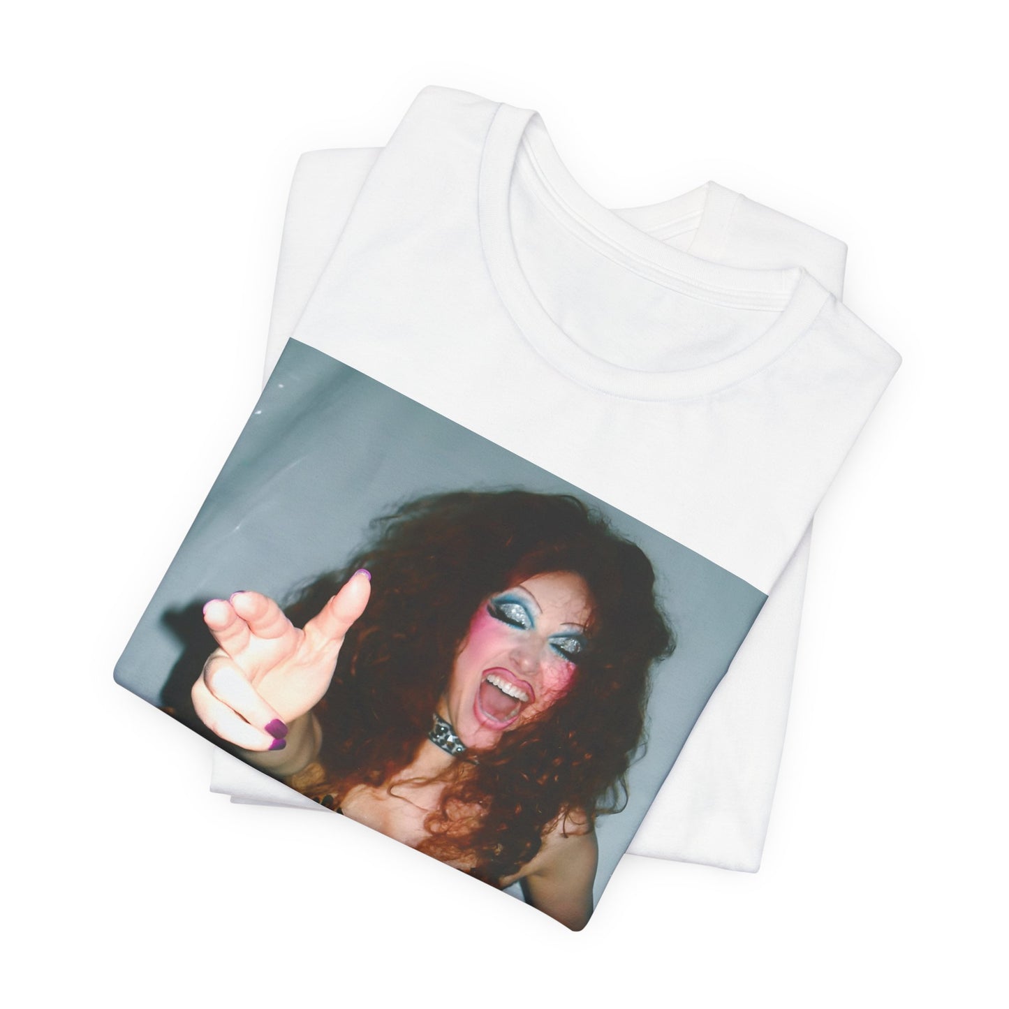 A black graphic t-shirt featuring a graphic of Chappell Roan as a modern queer pop icon.