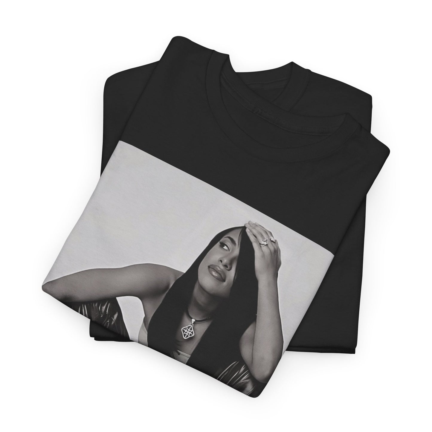 A black graphic t-shirt featuring a graphic of Aaliyah with a feel-good R&B vibe.
