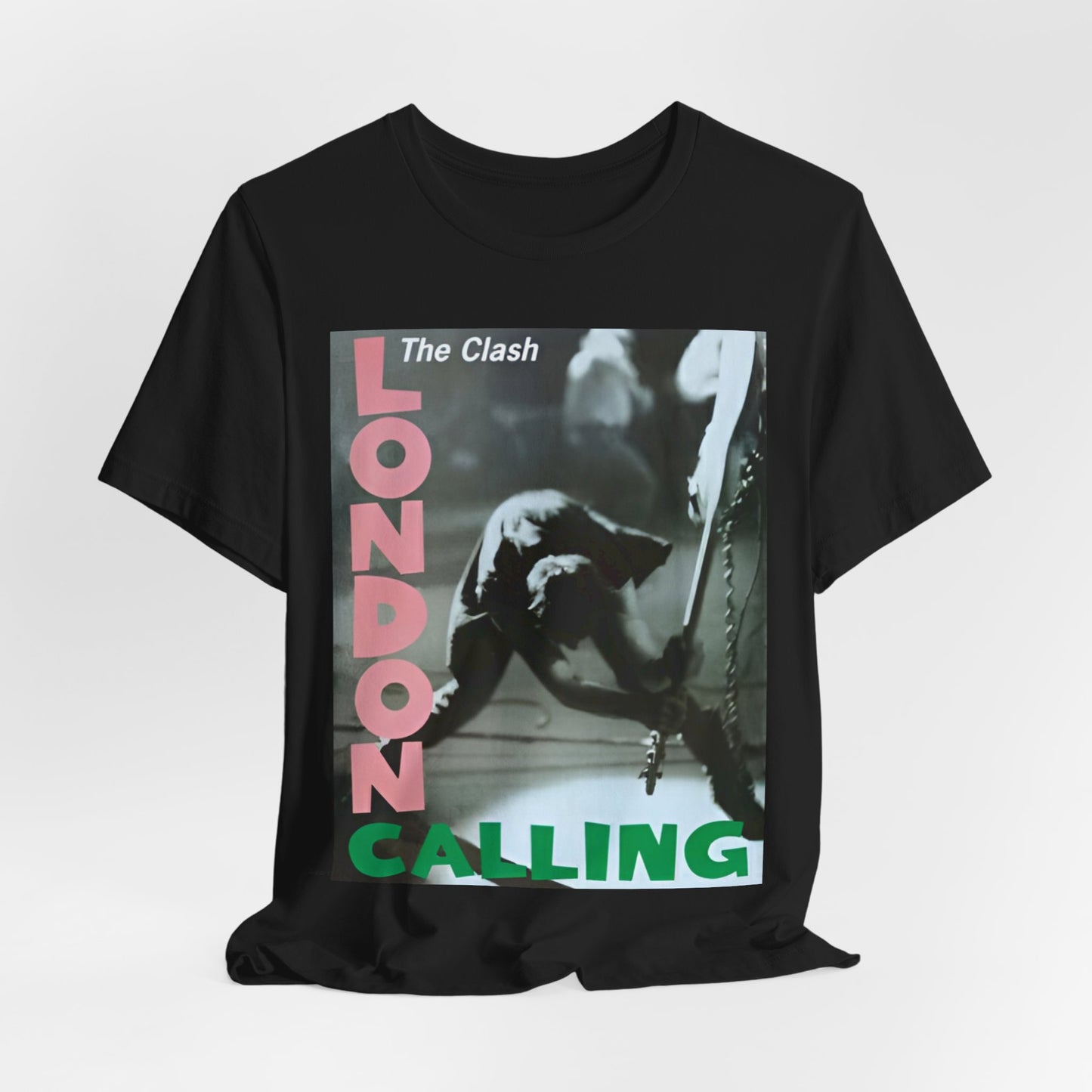 A black graphic t-shirt featuring the album cover art for The Clash's 'London Calling'.