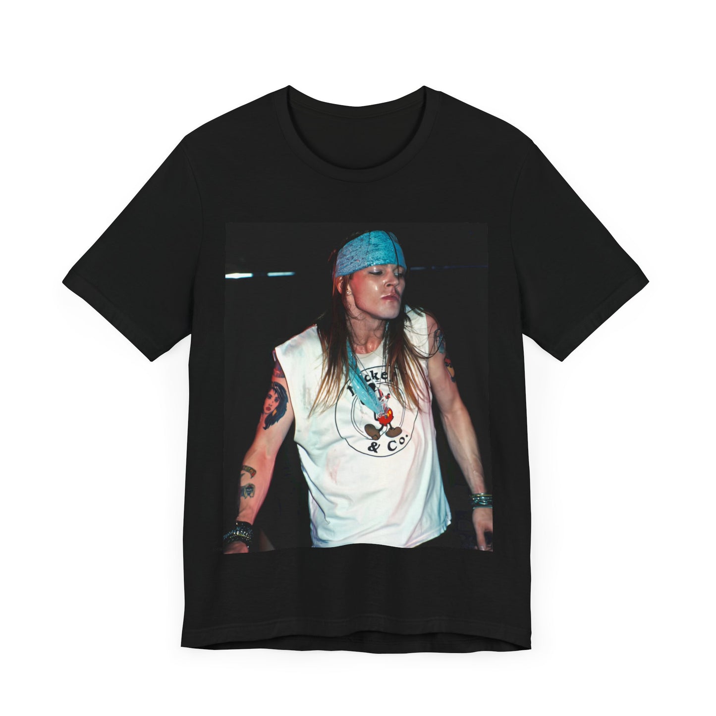 A black graphic t-shirt featuring a graphic related to Guns N' Roses' "Welcome to the Jungle" song or era.