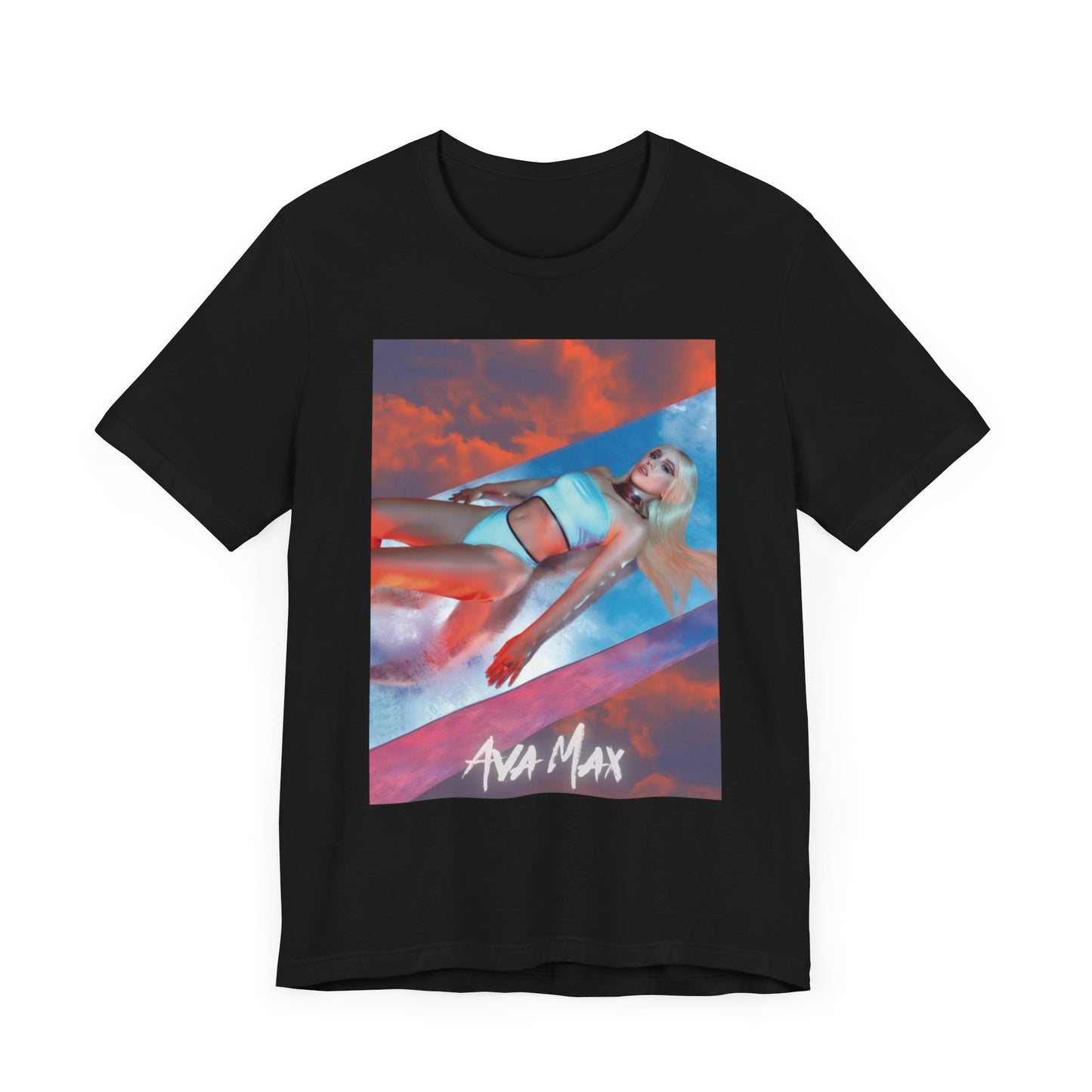 A black graphic t-shirt featuring a neon pop art style graphic of Ava Max, with bright, glowing colors.