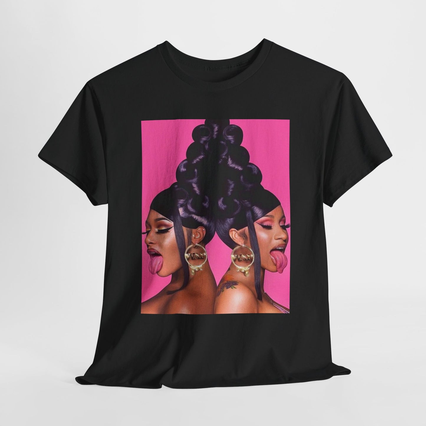 A black graphic t-shirt featuring a graphic of Megan Thee Stallion with rap vibes.