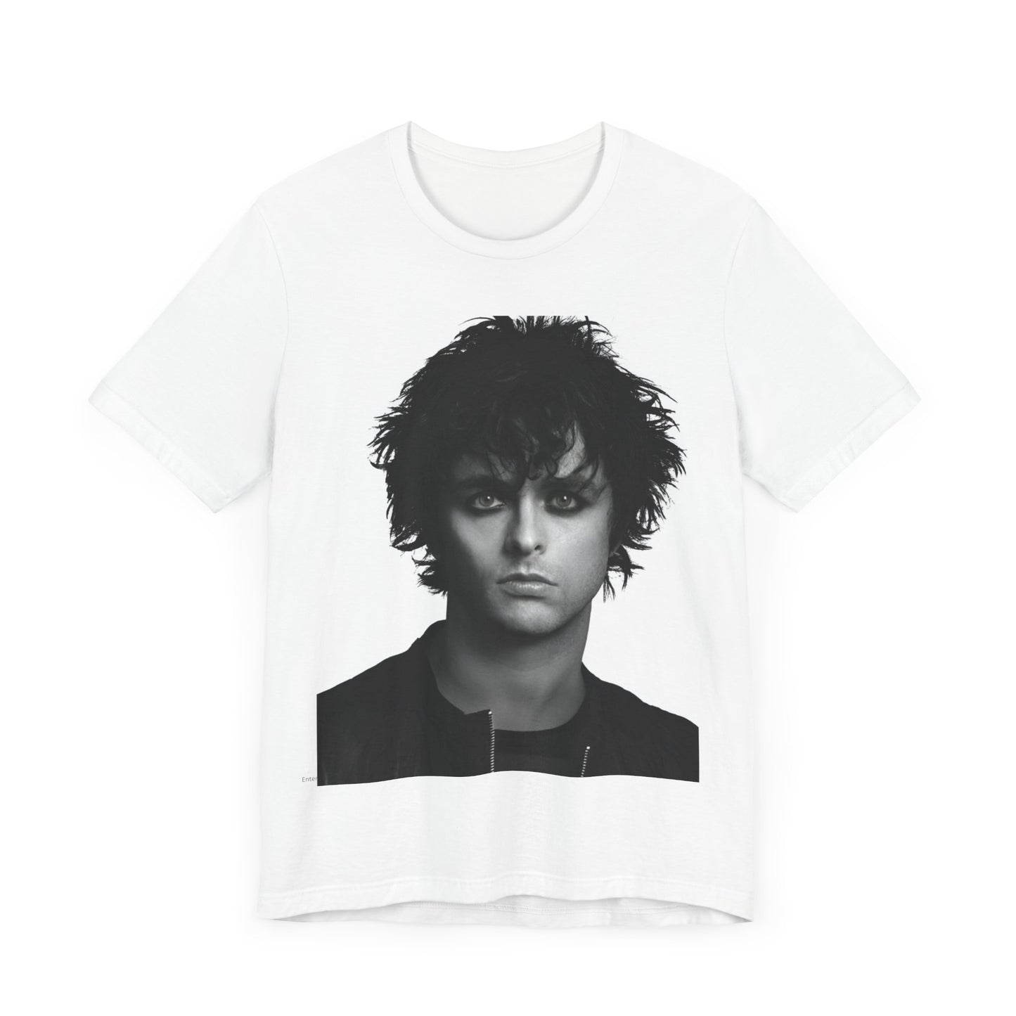 A black graphic t-shirt featuring a black and white portrait photo of Billie Joe Armstrong from Green Day.