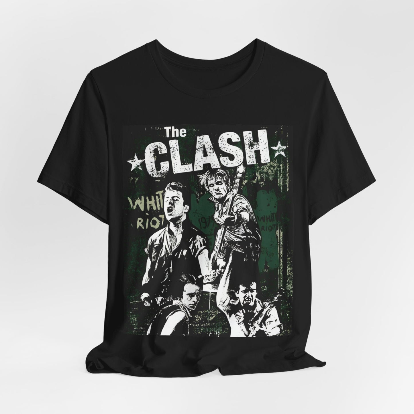 A black graphic t-shirt featuring a graphic related to The Clash's 'White Riot' song.