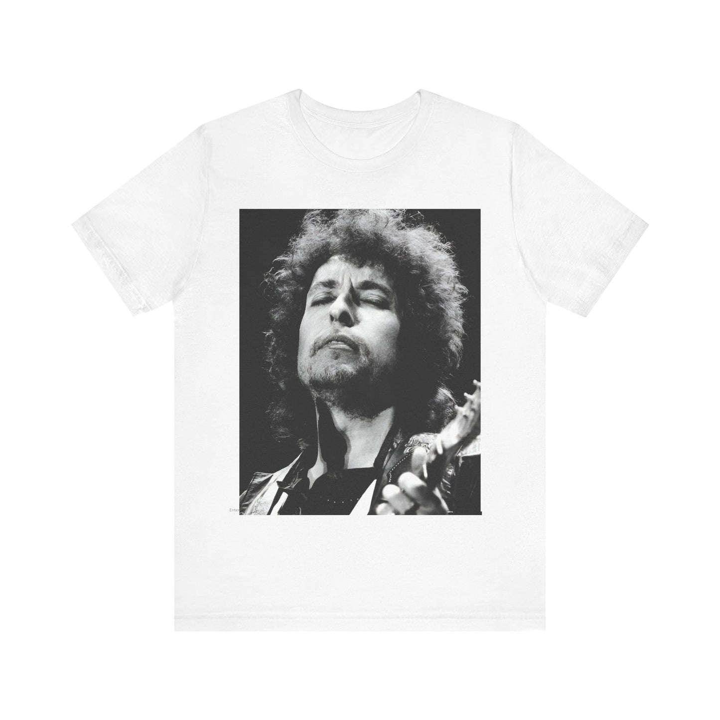 A black graphic t-shirt featuring a retro black and white graphic or photo of Bob Dylan performing live.