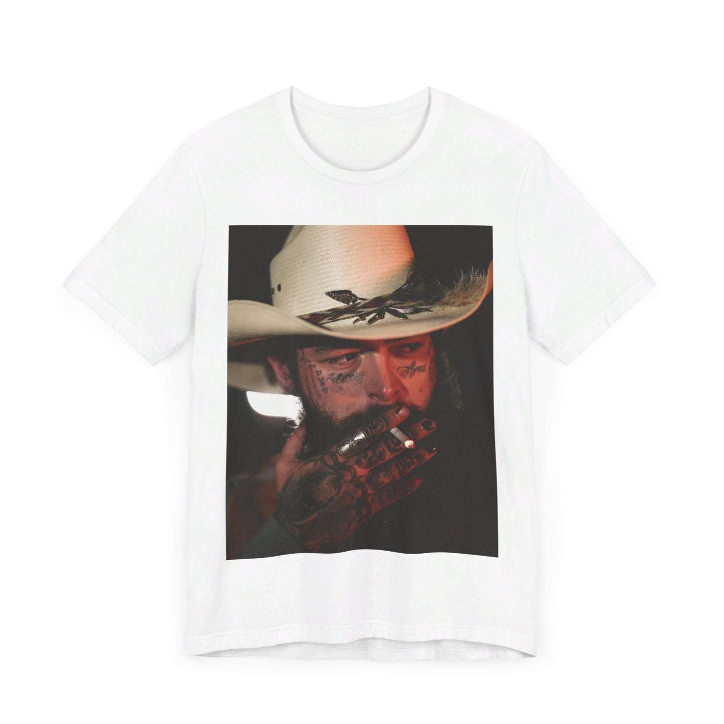 A black graphic t-shirt featuring a graphic of Post Malone wearing a cowboy hat.