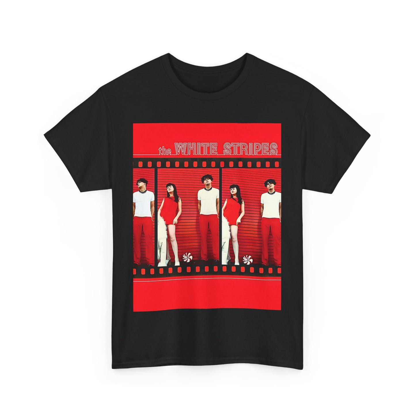 A black graphic t-shirt featuring an authentic blues rock duo graphic of The White Stripes.