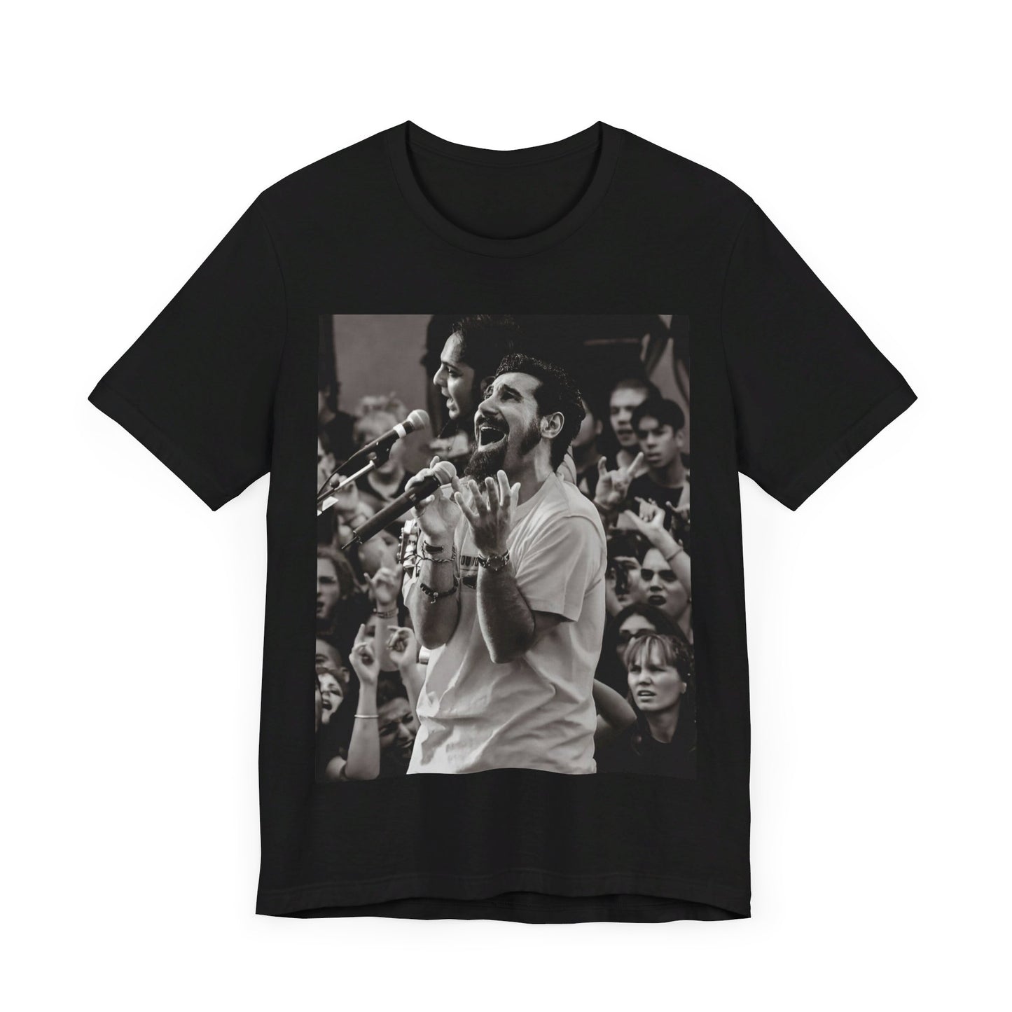 A black graphic t-shirt featuring a black and white portrait photo of Serj Tankian from System of a Down.