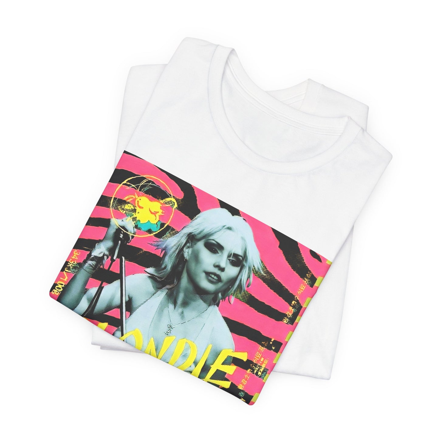 A black graphic t-shirt featuring a retro 70s pop art style graphic of Blondie.