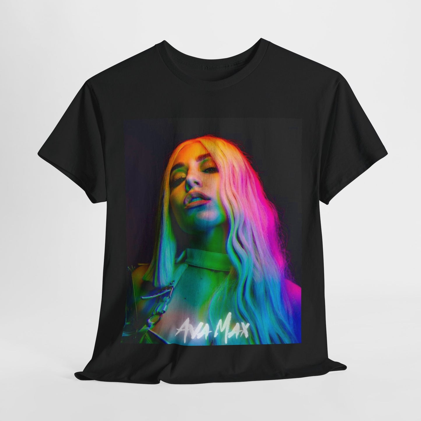 A black graphic t-shirt featuring a graphic of Ava Max with a rainbow or colorful glow effect around her.