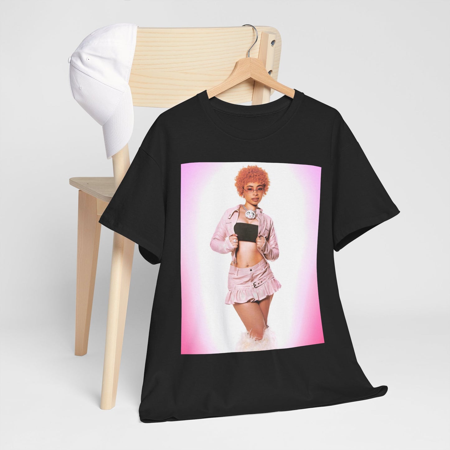A black graphic t-shirt featuring a graphic of Ice Spice with prominent neon pink aesthetic elements.