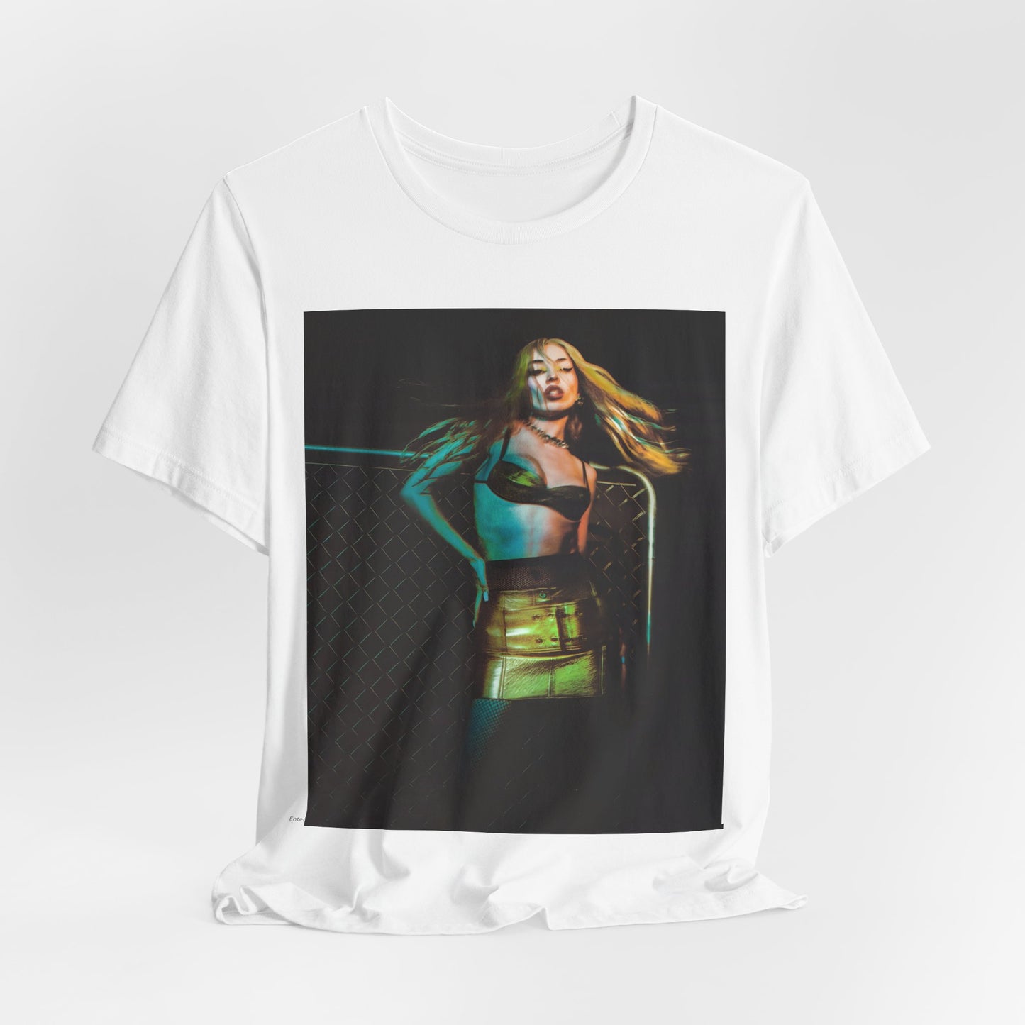 A black graphic t-shirt featuring a neon pop art style graphic of Ava Max, with bright, glowing colors and possibly a 'Pop Queen' title.