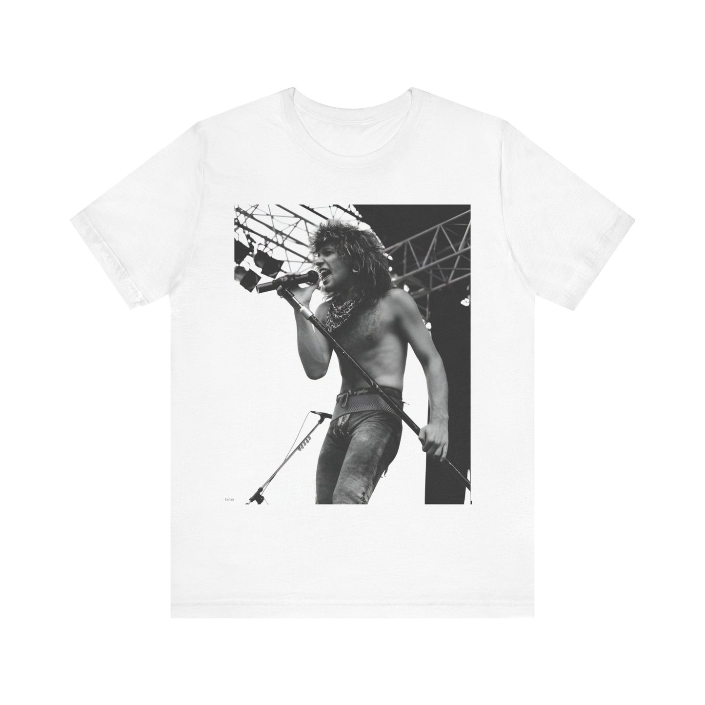 A black graphic t-shirt featuring a retro tour graphic for Bon Jovi's '88 tour.