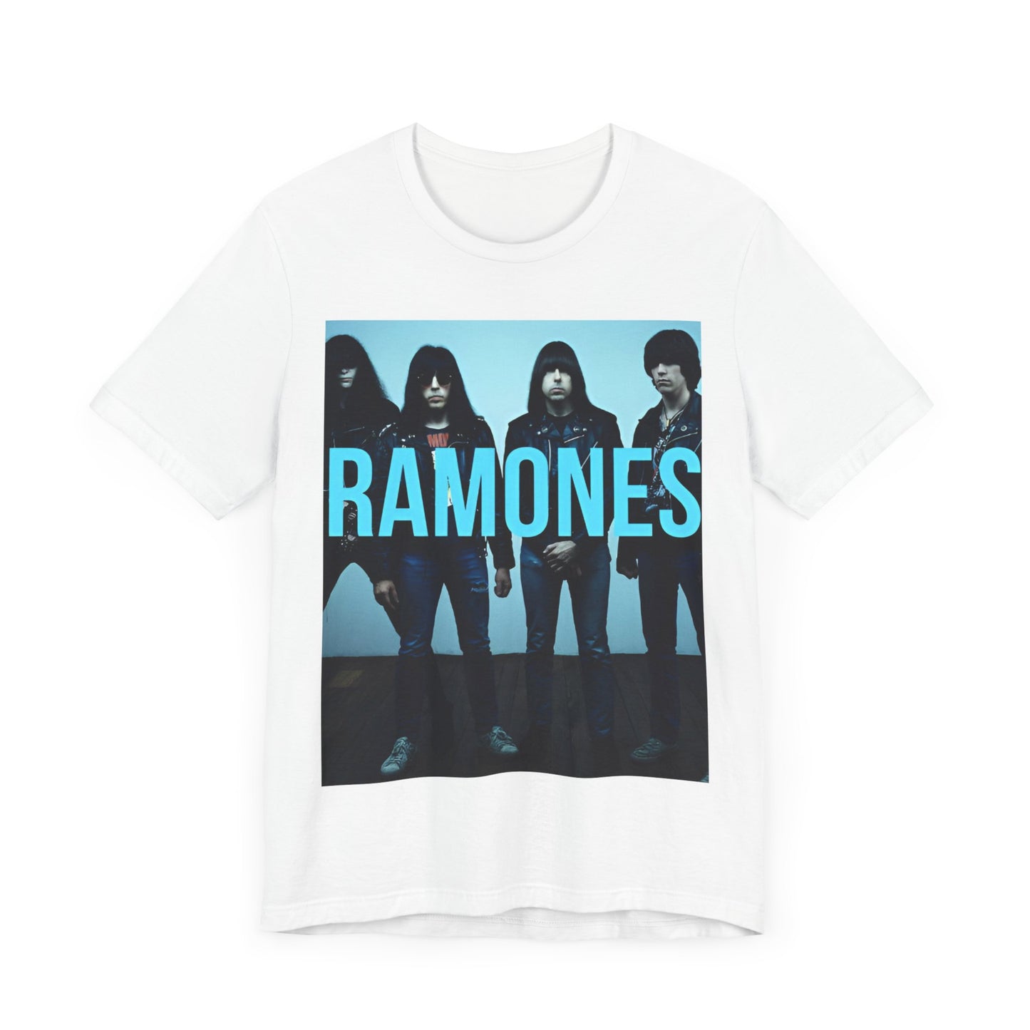 A black graphic t-shirt featuring the album cover art for Ramones' self-titled debut album.