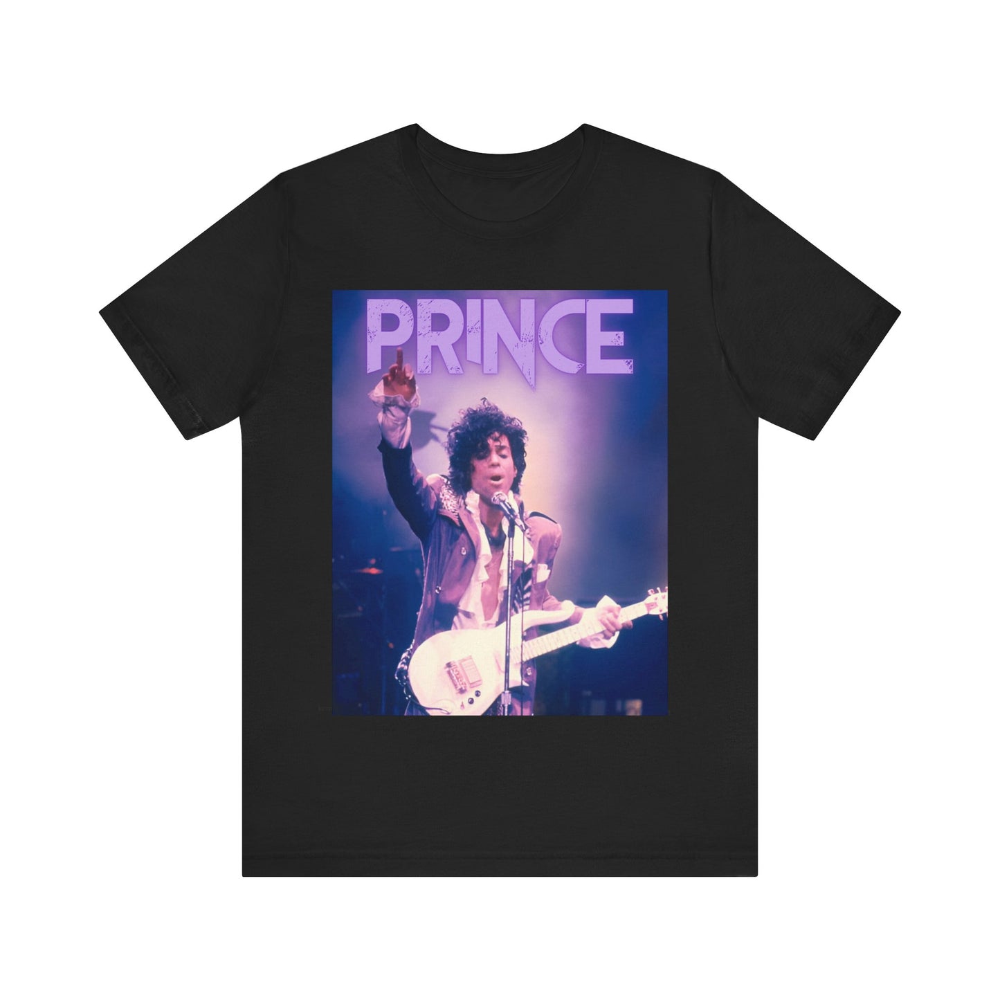 A black graphic t-shirt featuring a retro graphic related to Prince's 'Purple Rain' album era.