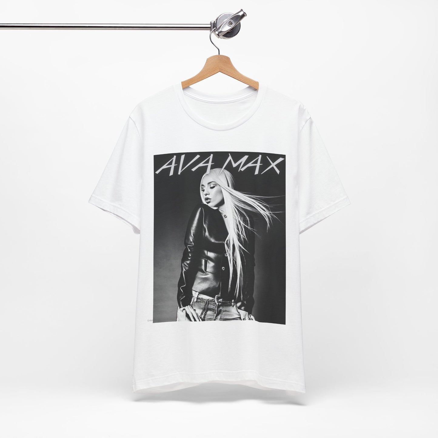A black graphic t-shirt featuring a black and white portrait photo of Ava Max.