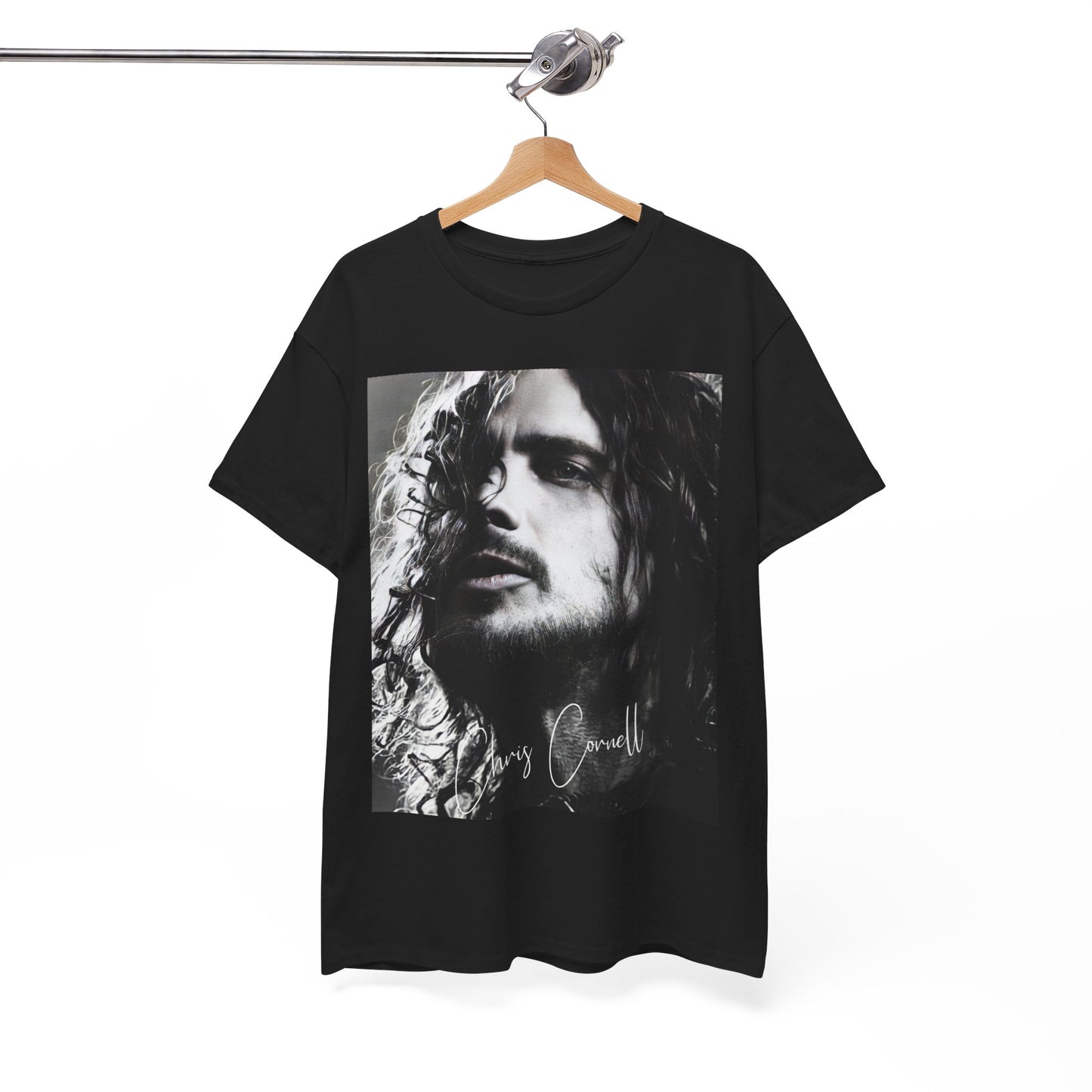 A black graphic t-shirt featuring a 90s black and white retro photo portrait of Chris Cornell.