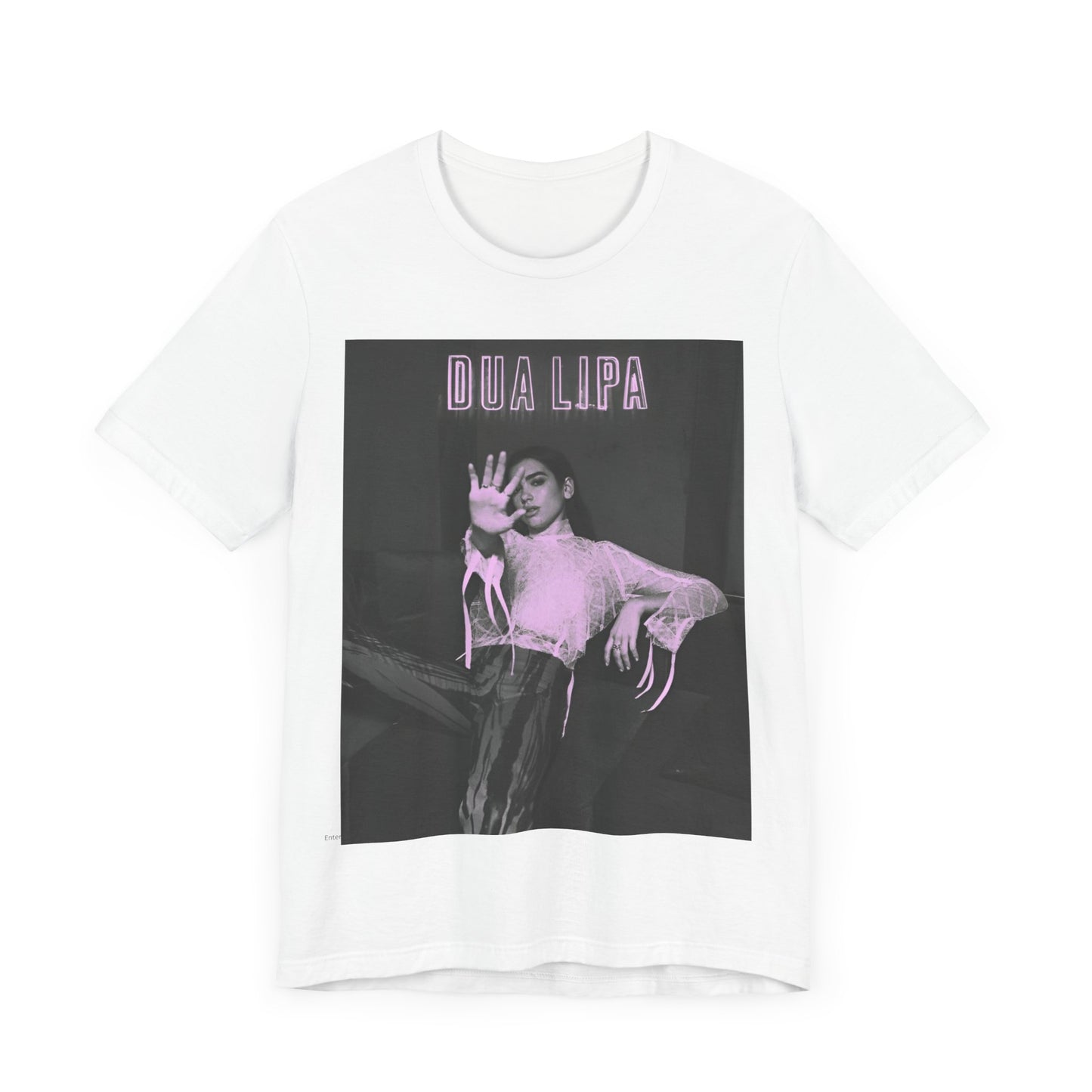 A black graphic t-shirt featuring a photo of Dua Lipa with a pink monochrome effect.