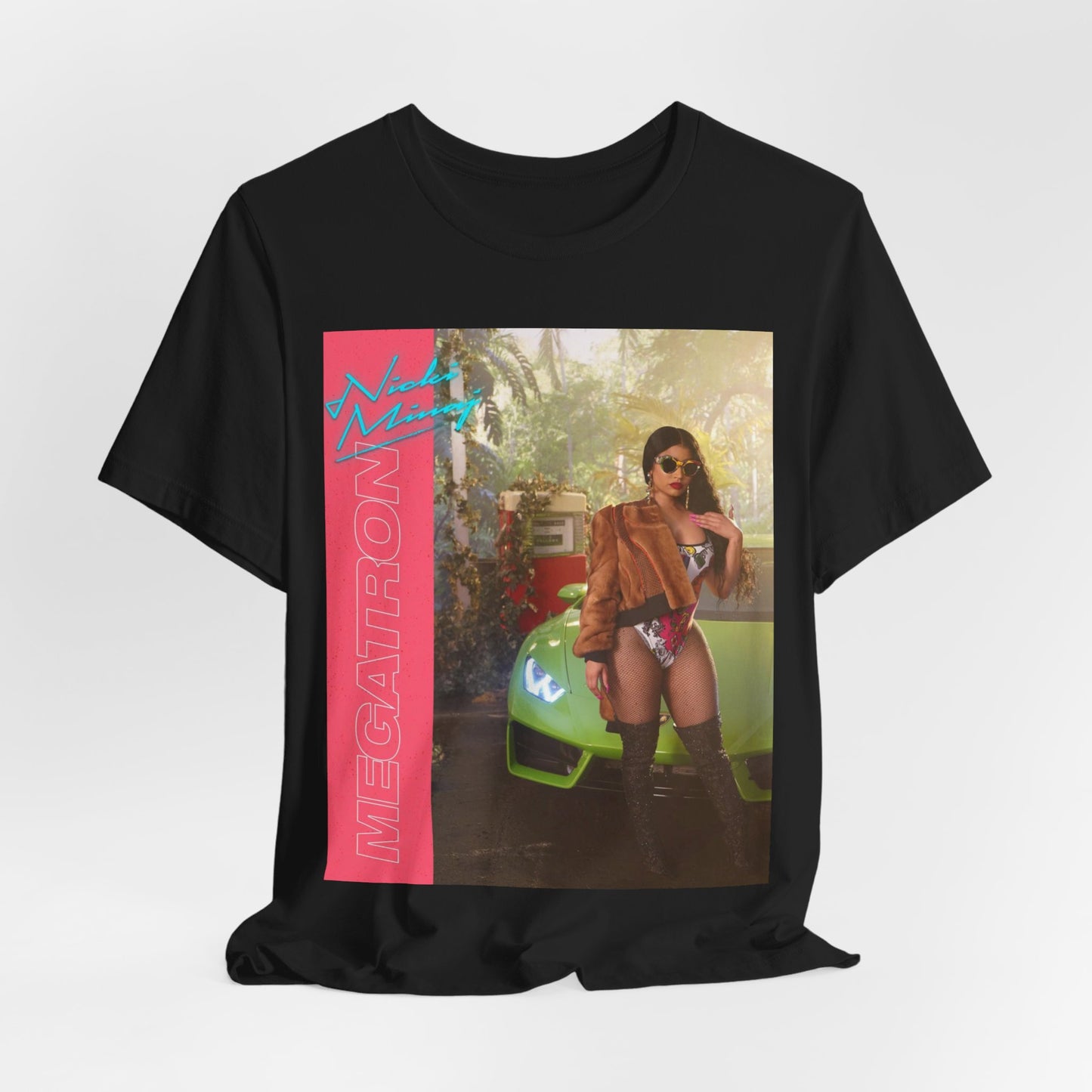 A black graphic t-shirt featuring a graphic related to Nicki Minaj's 'Megatron' song.