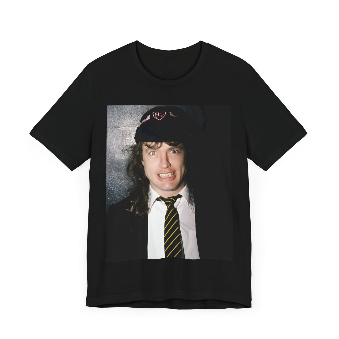 A black vintage-style graphic t-shirt featuring a stylized image of AC/DC's Angus Young playing guitar, with a distressed or retro aesthetic.