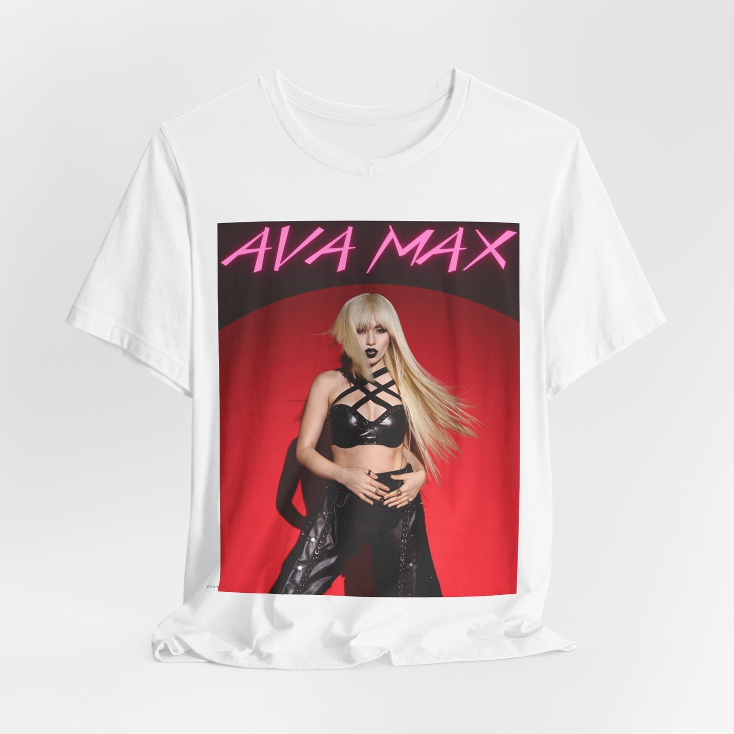 A black graphic t-shirt featuring a stylized graphic of Ava Max, emphasizing her status as a pop icon.