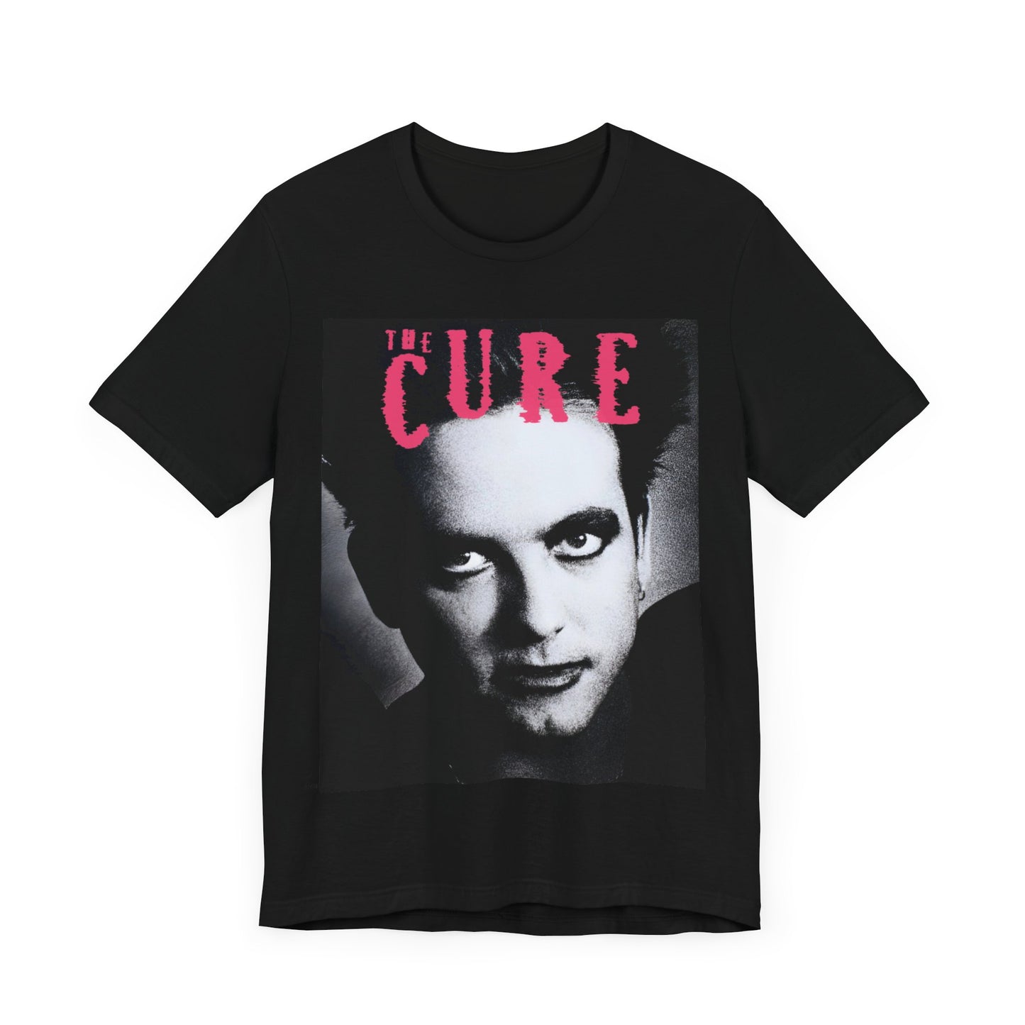 A black graphic t-shirt featuring an 80s post-punk aesthetic graphic of The Cure.