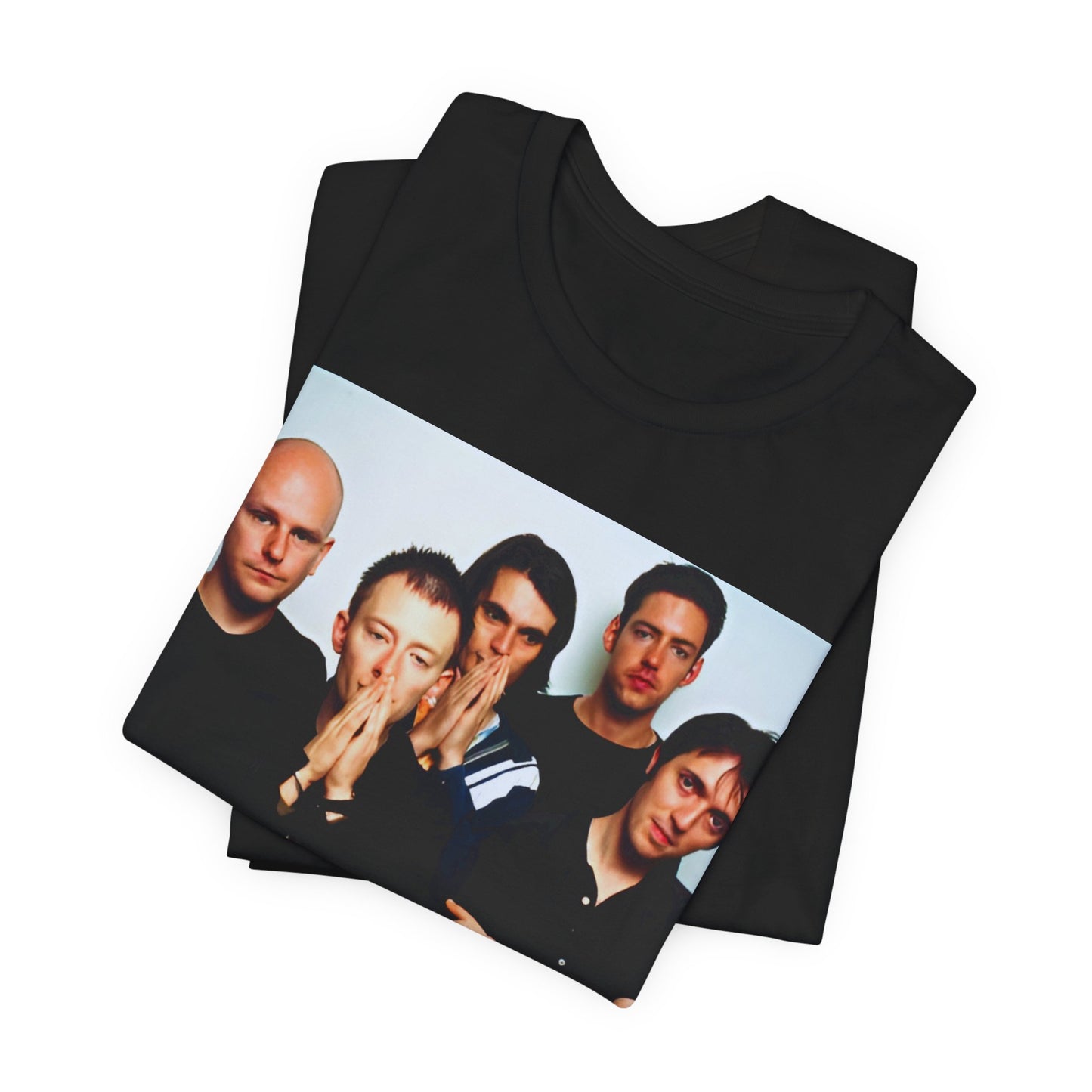 A black graphic t-shirt featuring a bold alt rock superstar graphic of Radiohead.