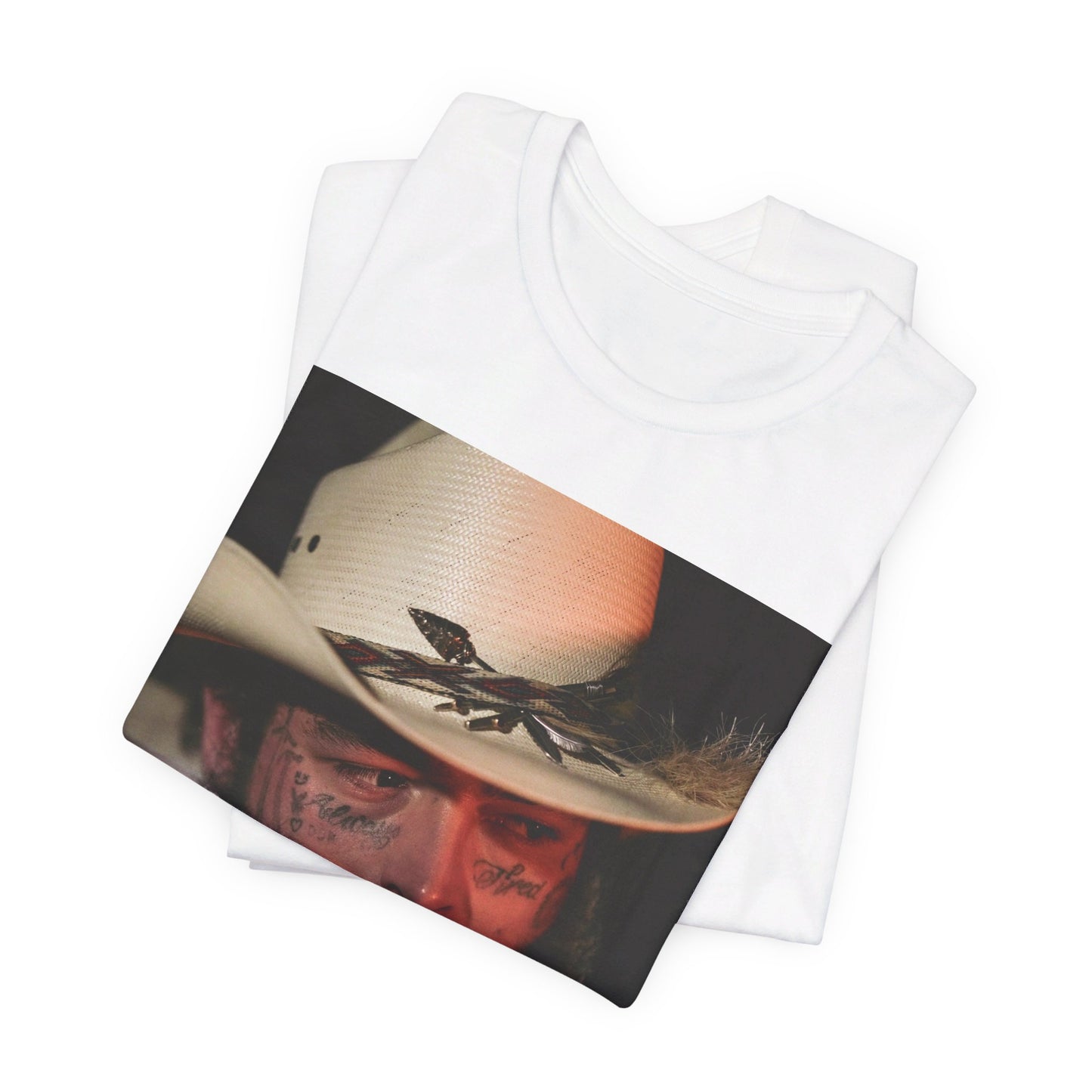 A black graphic t-shirt featuring a graphic of Post Malone wearing a cowboy hat.