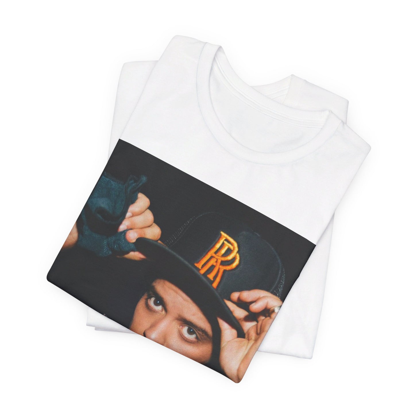 A black graphic t-shirt featuring a vintage photo of Bruno Mars wearing a hat or cap with 'RR' initials.
