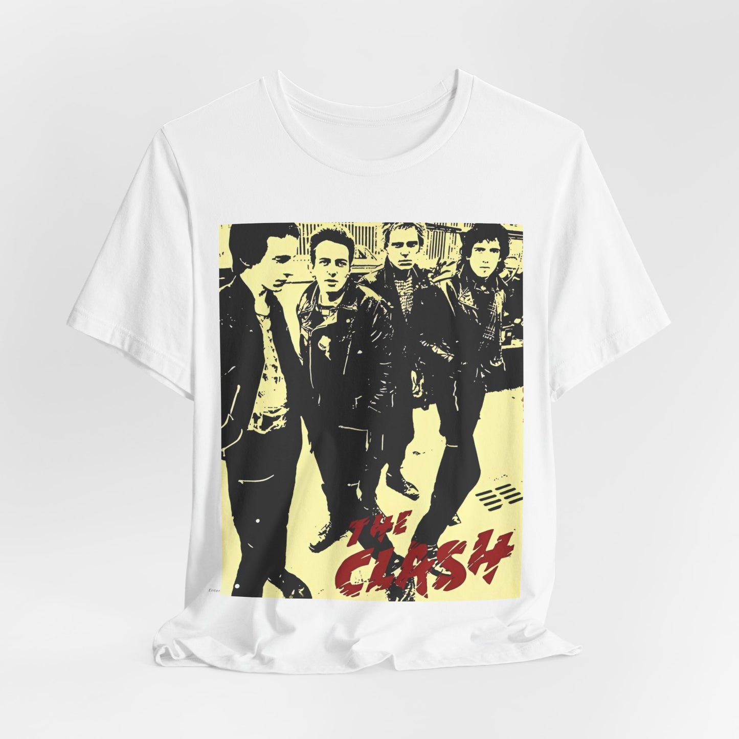A black graphic t-shirt featuring an anti-establishment rock band graphic of The Clash.