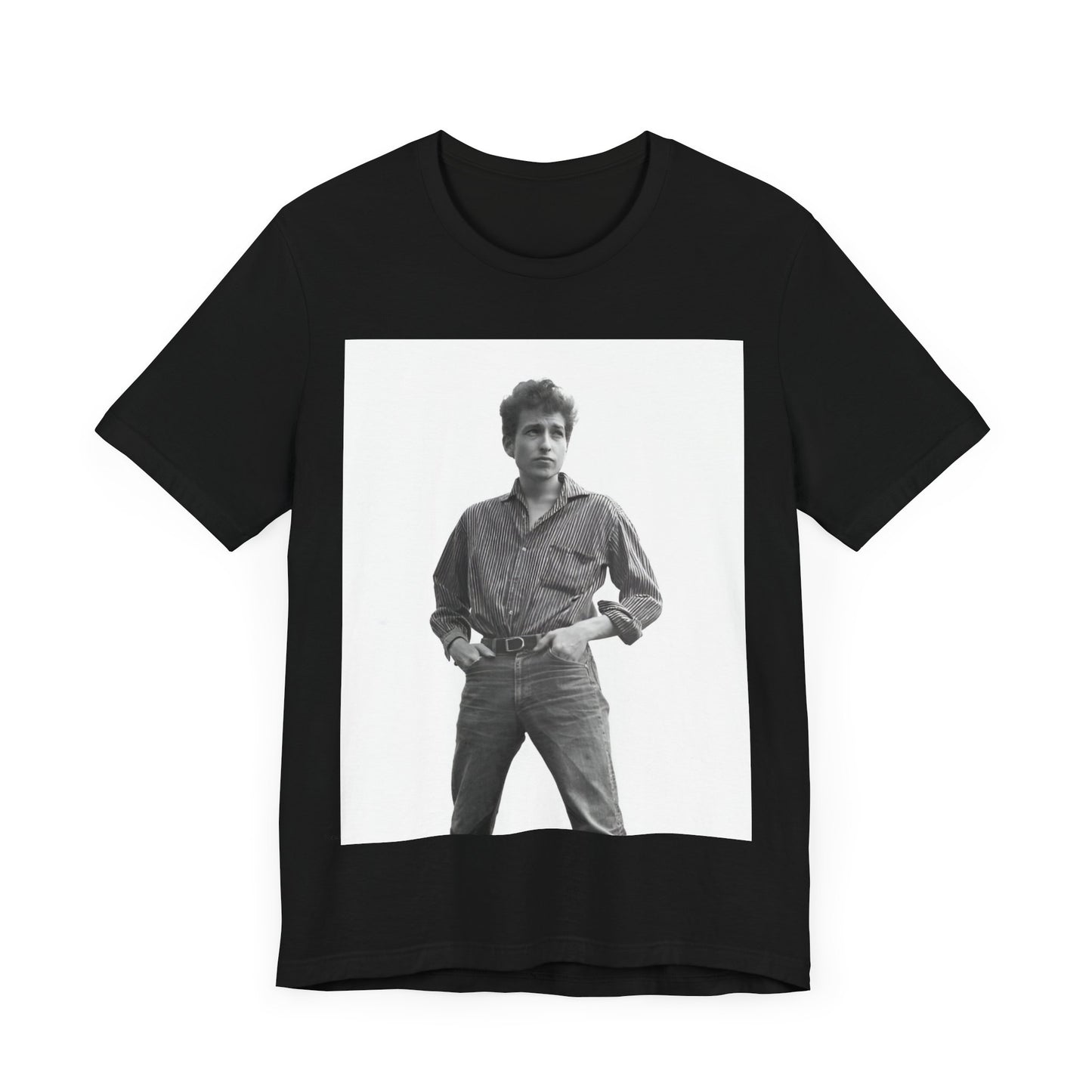 A black graphic t-shirt featuring a vintage 60s folk aesthetic graphic of Bob Dylan.