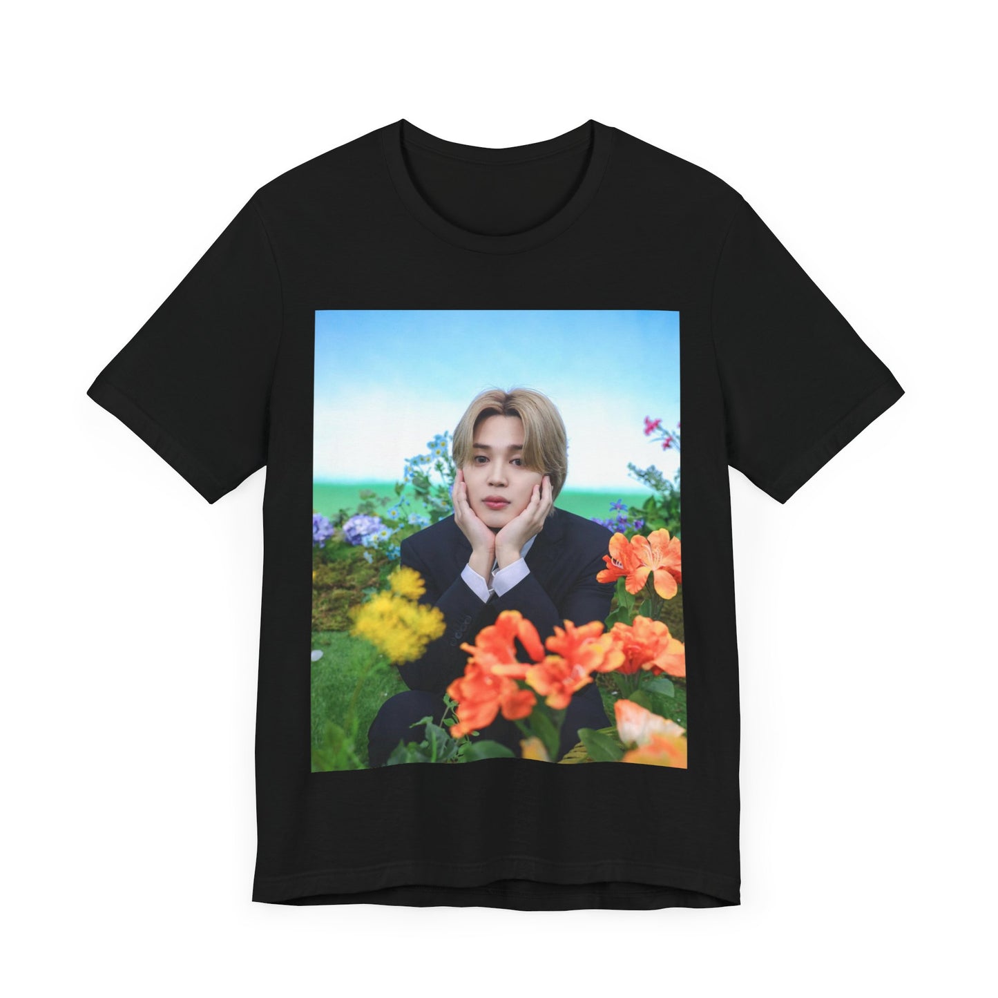A black graphic t-shirt featuring a graphic related to Jimin's 'Serendipity' era.