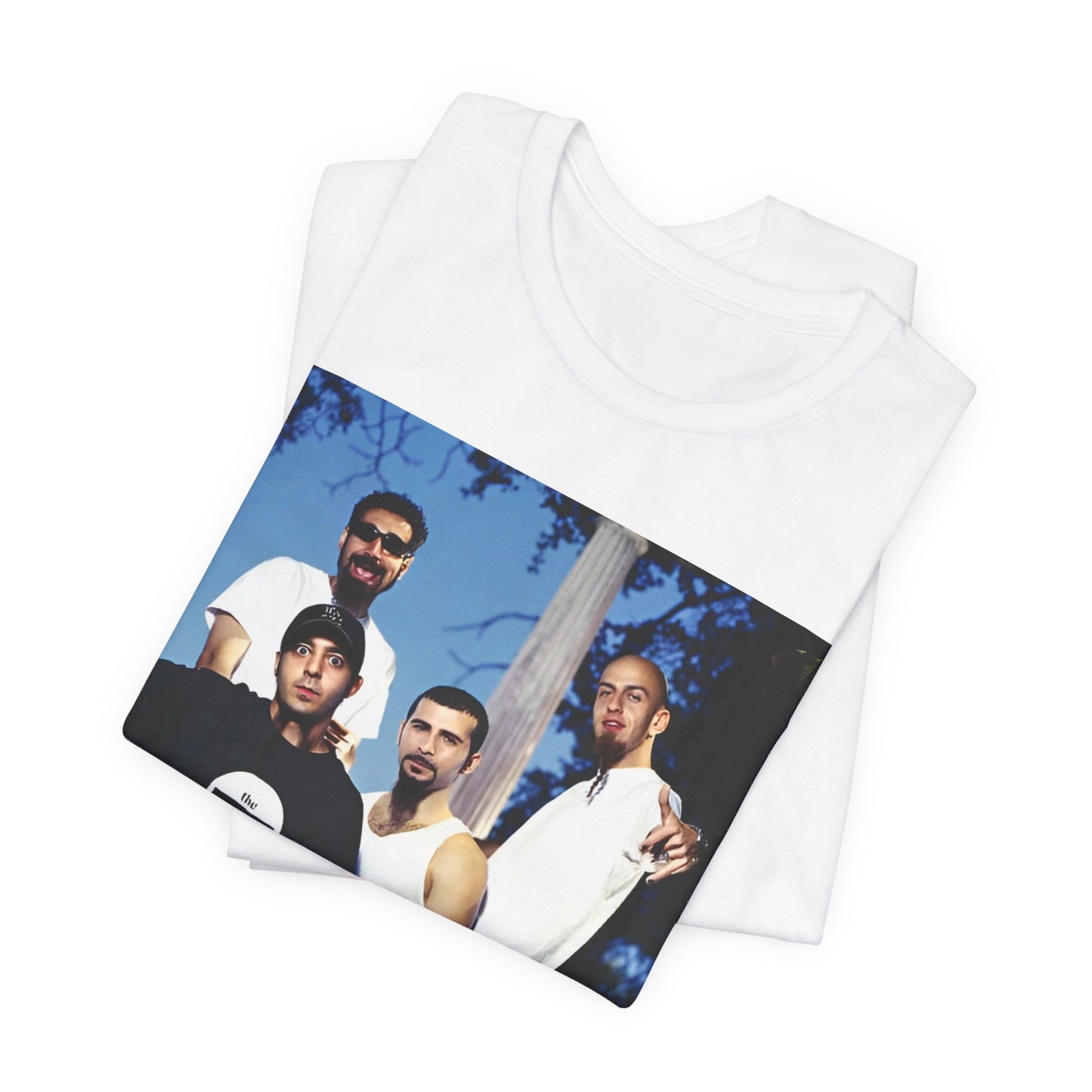 A black graphic t-shirt featuring a vintage alt metal graphic of System of a Down.