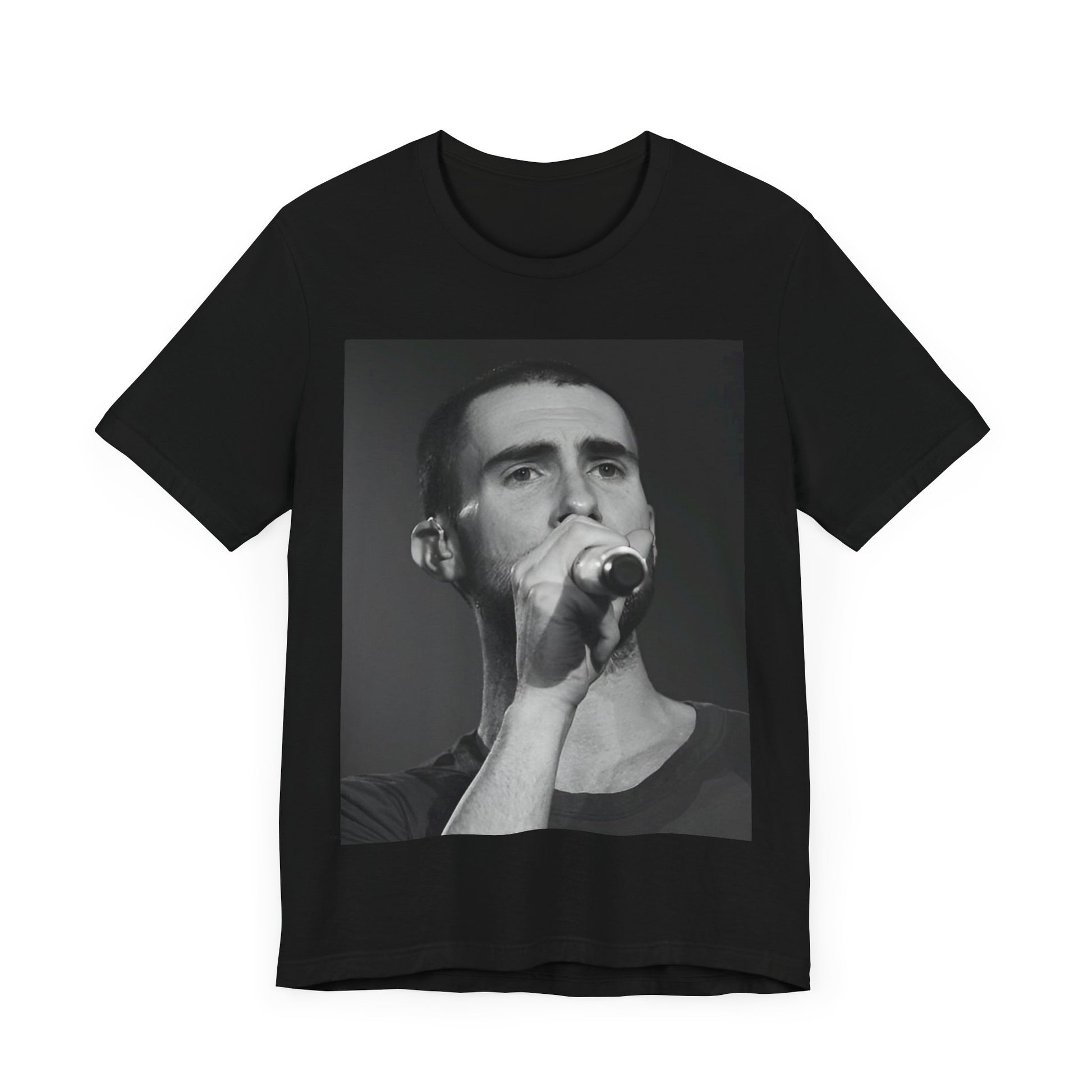 A rare, vintage black and white photo of a very young Maroon 5, from their early garage band days, printed on a t-shirt.