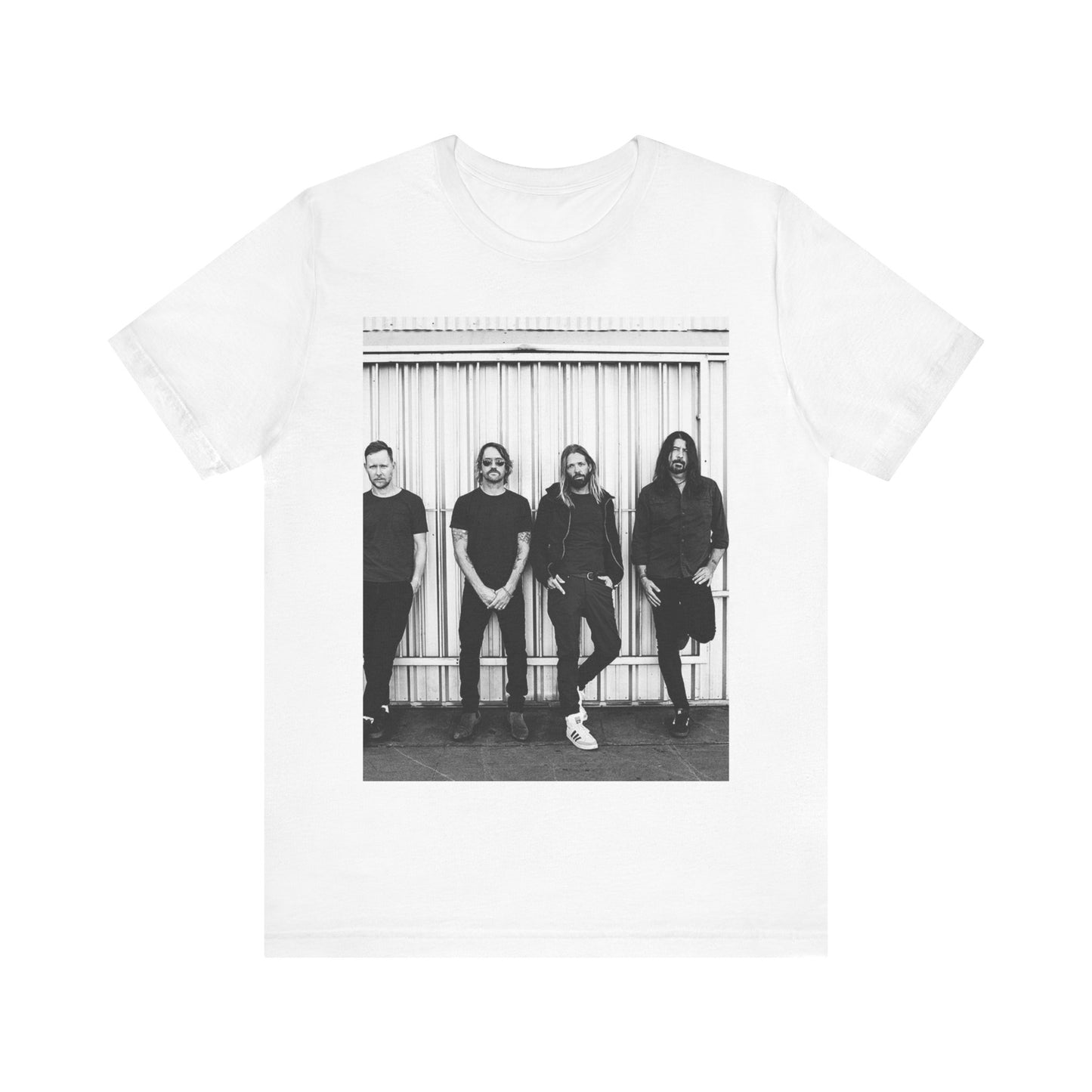 A black graphic t-shirt featuring a photo portrait of the band Foo Fighters.