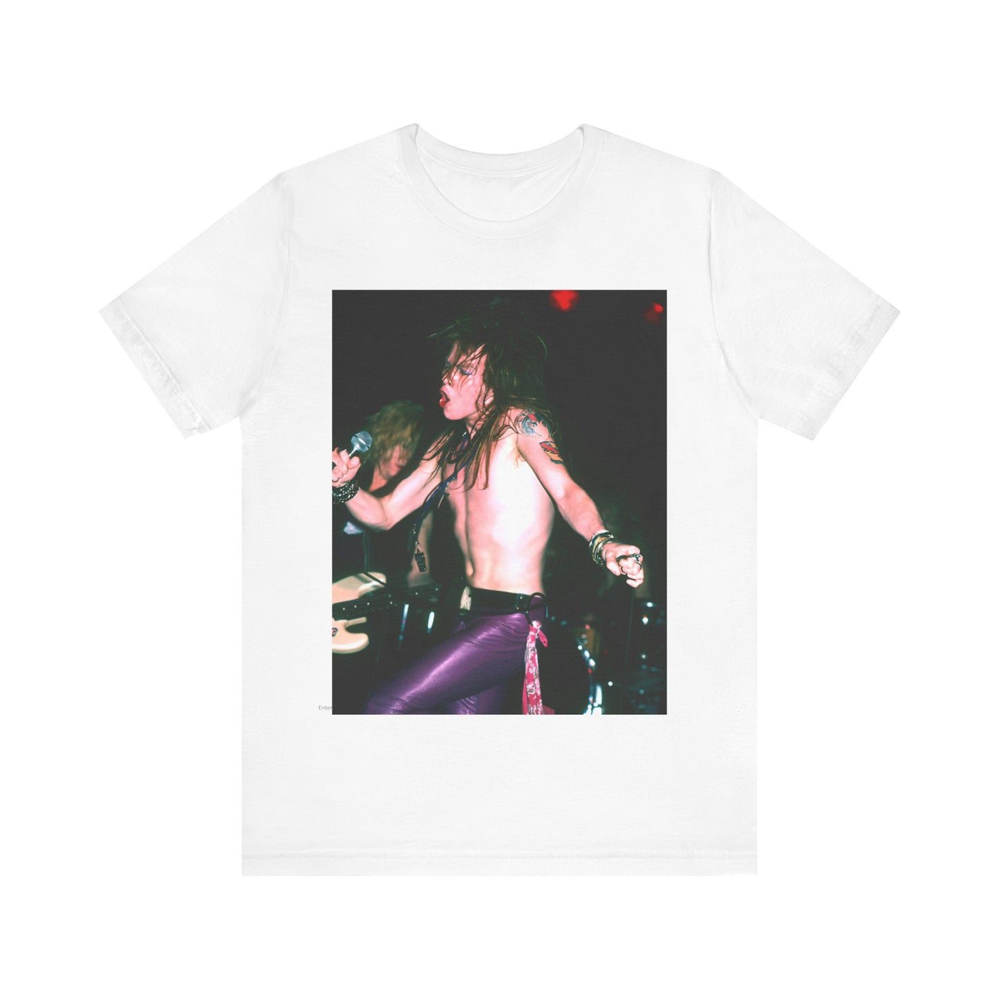 A black graphic t-shirt featuring a graphic of Axl Rose from Guns N' Roses performing on stage in the 80s.