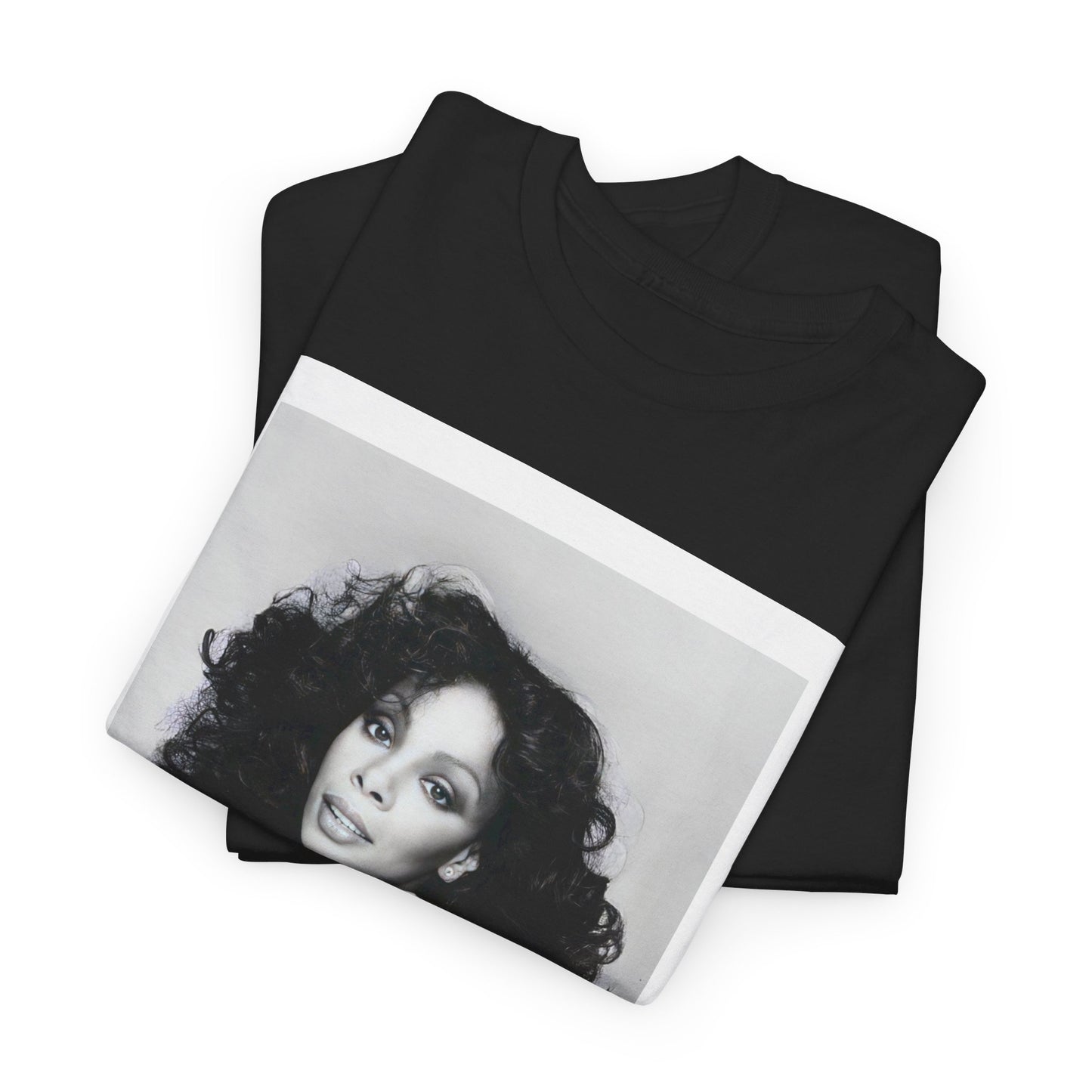 A black graphic t-shirt featuring a portrait of Donna Summer, possibly with her signature or iconic elements.