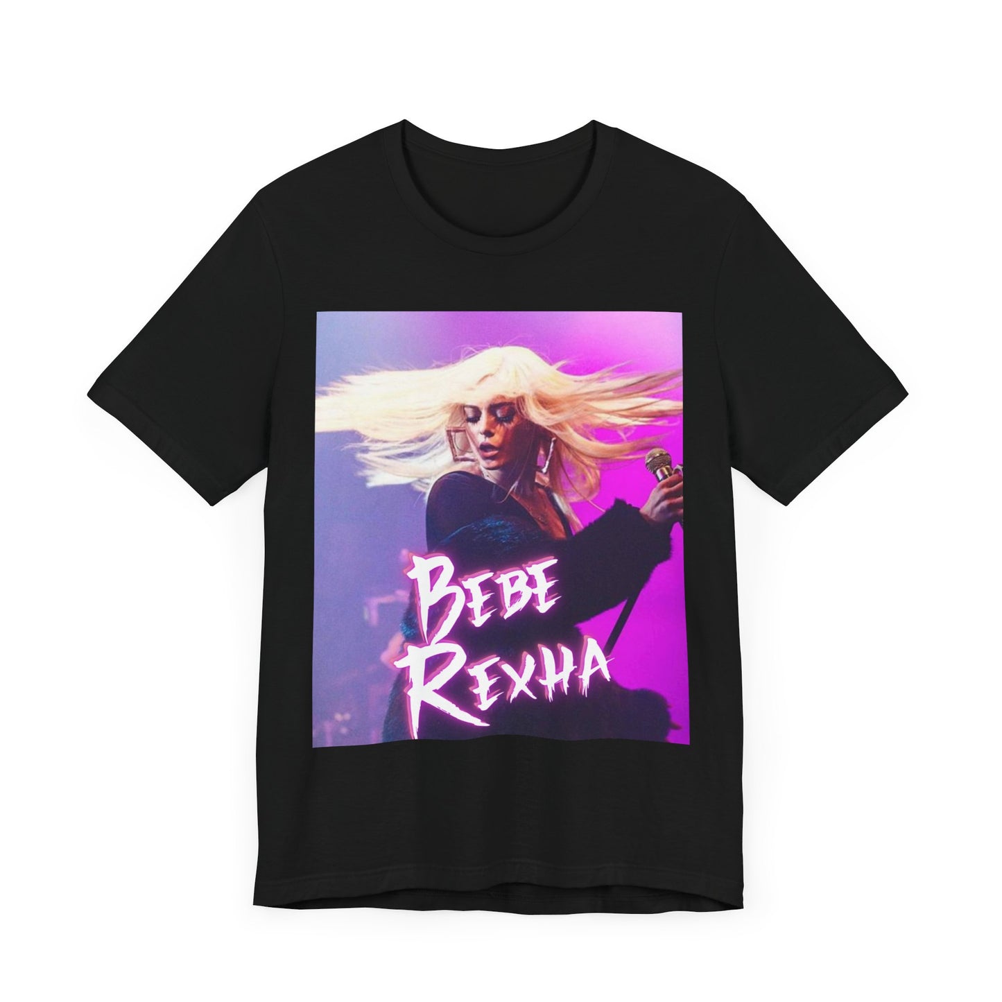 A black graphic t-shirt featuring a dynamic graphic or photo of Bebe Rexha performing live in concert.