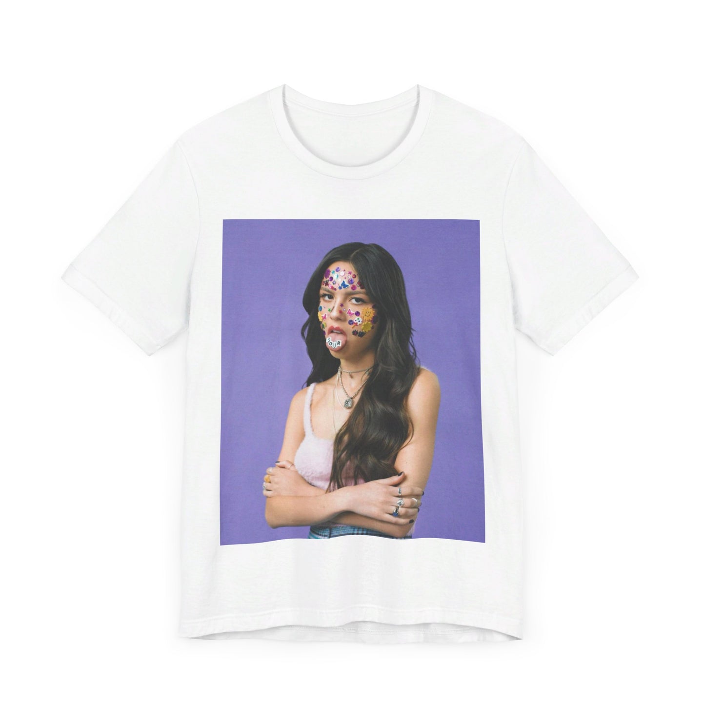 A black graphic t-shirt featuring a bold graphic of Olivia Rodrigo as a pop superstar.