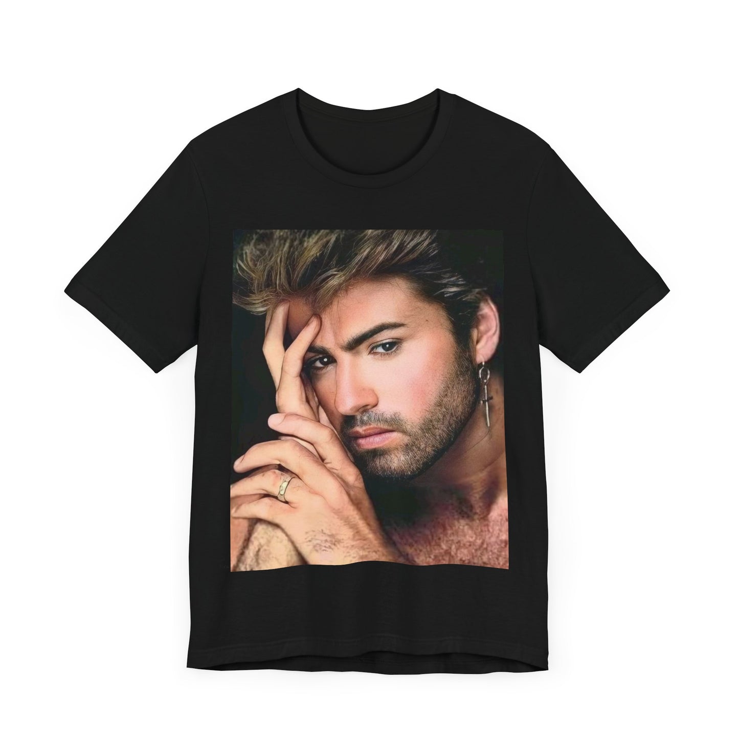 A black graphic t-shirt featuring a graphic of George Michael with a feel-good 80s vibe.