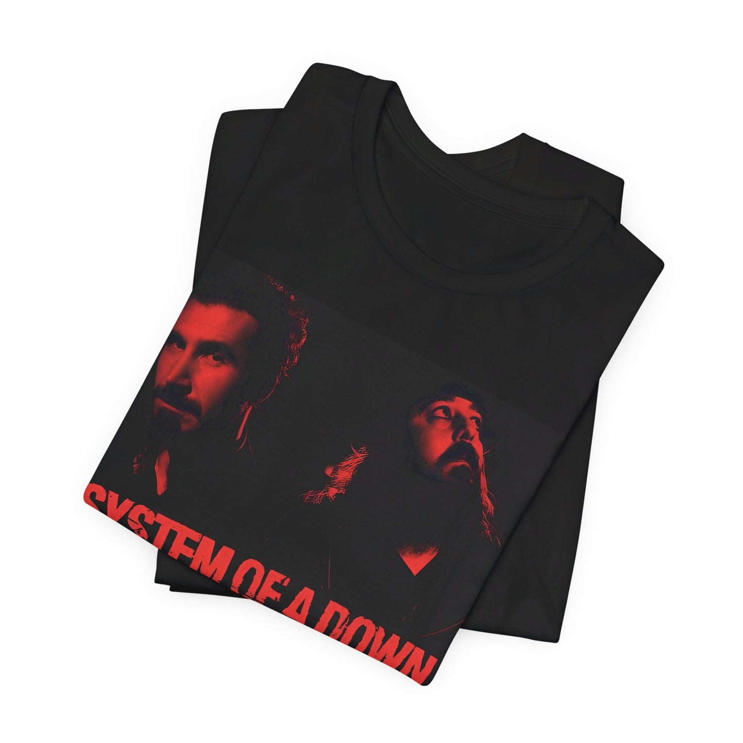 A black graphic t-shirt featuring a modern metal essential graphic of System of a Down.
