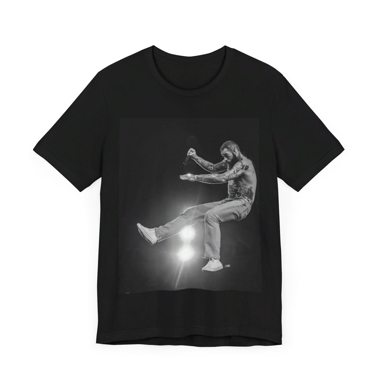 A black graphic t-shirt featuring a vintage graphic or photo of Post Malone performing live.